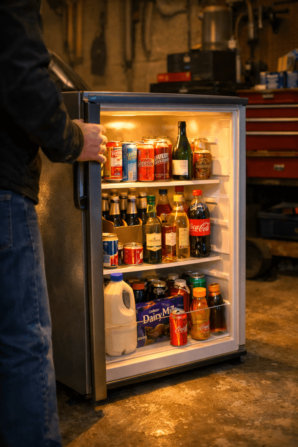 An adult opens a garage fridge on a Friday night, light spilling onto the concrete floor. Inside the fridge are assorted drinks — RTDs, cider bottles, a six‑pack of beer, a chilled bottle of wine, and a few soft drinks tucked beside milk and chocolate. The person’s hand rests on the fridge door handle, and the glow from the fridge contrasts with the dim, warm light of the garage. A car and a toolbox are faintly visible in the background, completing the familiar Kiwi weekend scene. An adult opens a garage fridge on a Friday night, light spilling onto the concrete floor. Inside the fridge are assorted drinks — RTDs, cider bottles, a six‑pack of beer, a chilled bottle of wine, and a few soft drinks tucked beside milk and chocolate. The person’s hand rests on the fridge door handle, and the glow from the fridge contrasts with the dim, warm light of the garage. A car and a toolbox are faintly visible in the background, completing the familiar Kiwi weekend scene.