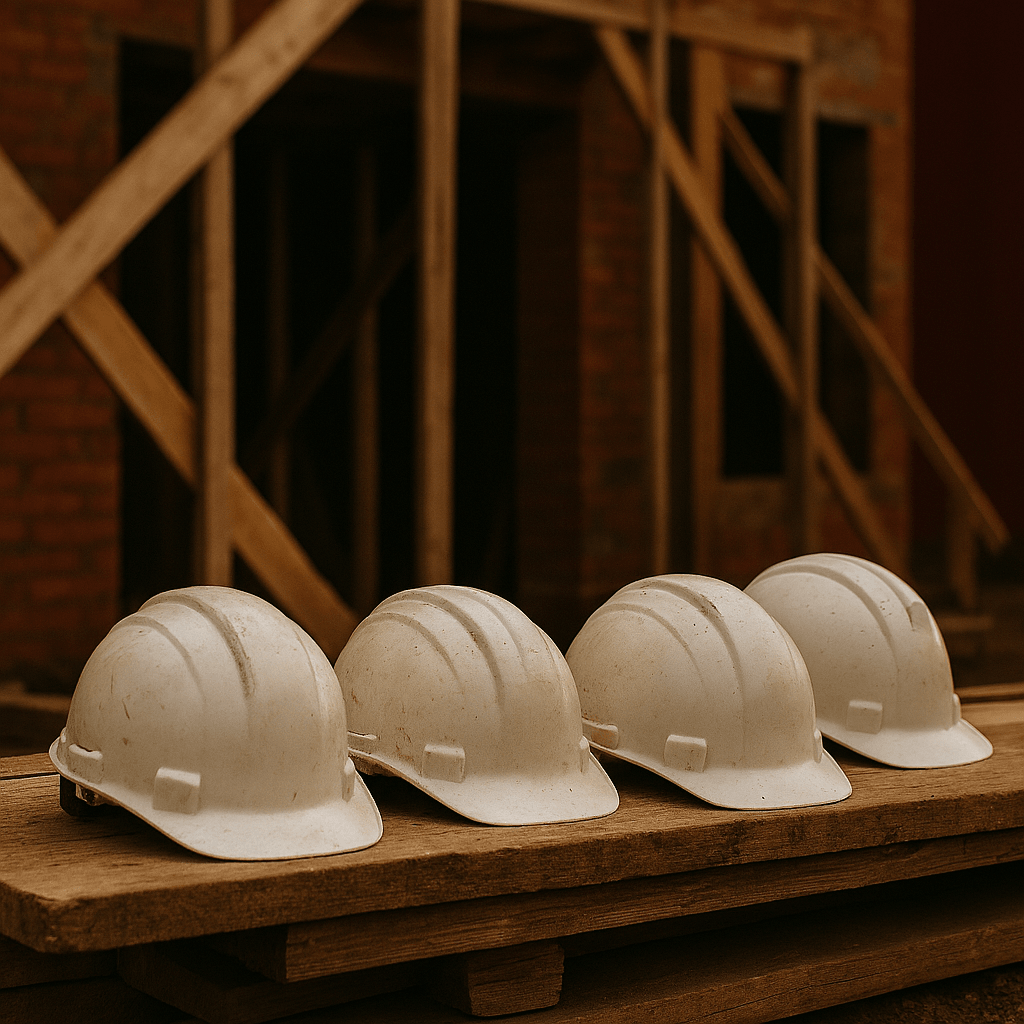 Four white safety helmets rest in a neat row on a weathered wooden beam at the edge of a construction site. Behind them, a partially built structure of reddish-brown brick and exposed timber framing rises against a dark red backdrop. The scene is quiet and still, with muted lighting and dusty ground suggesting a pause in work. The helmets, slightly scuffed and worn, evoke the presence of workers and the fragility of safety in high-risk environments. Four white safety helmets rest in a neat row on a weathered wooden beam at the edge of a construction site. Behind them, a partially built structure of reddish-brown brick and exposed timber framing rises against a dark red backdrop. The scene is quiet and still, with muted lighting and dusty ground suggesting a pause in work. The helmets, slightly scuffed and worn, evoke the presence of workers and the fragility of safety in high-risk environments.