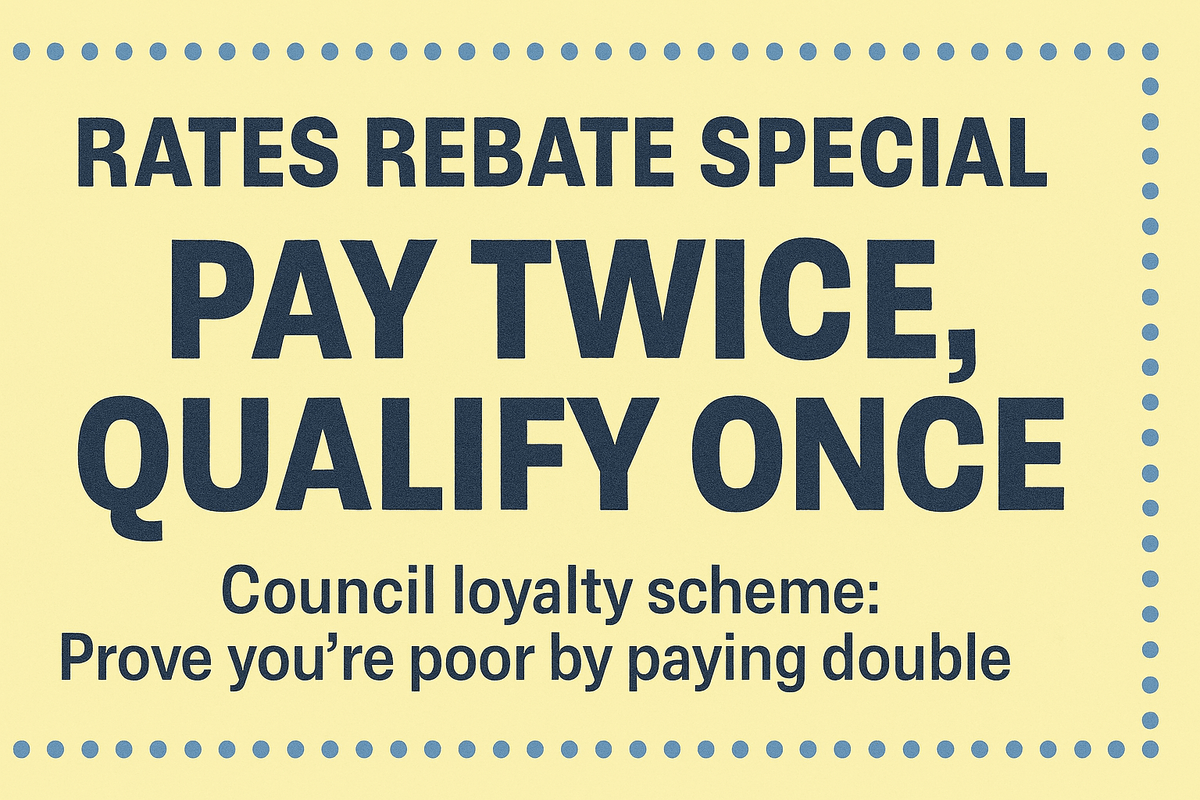 Yellow sign with bold text mocking the rates rebate system. Headline: “Rates Rebate Special.” Subtext: “Pay twice, qualify once.” Sarcastic tagline: “Council loyalty scheme — prove you’re poor by paying double.” Yellow sign with bold text mocking the rates rebate system. Headline: “Rates Rebate Special.” Subtext: “Pay twice, qualify once.” Sarcastic tagline: “Council loyalty scheme — prove you’re poor by paying double.”