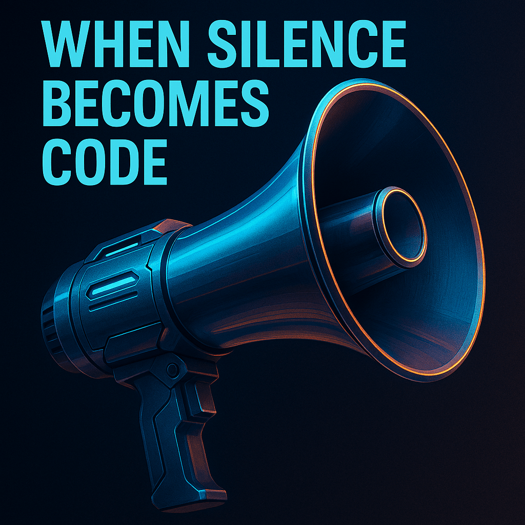 Futuristic metallic megaphone glows against a dark background, with bold cyan text reading “When Silence Becomes Code.” Symbolizes amplified truth and refusal to flatten whistleblower voices. Visual motif of sound as infrastructure. Futuristic metallic megaphone glows against a dark background, with bold cyan text reading “When Silence Becomes Code.” Symbolizes amplified truth and refusal to flatten whistleblower voices. Visual motif of sound as infrastructure.