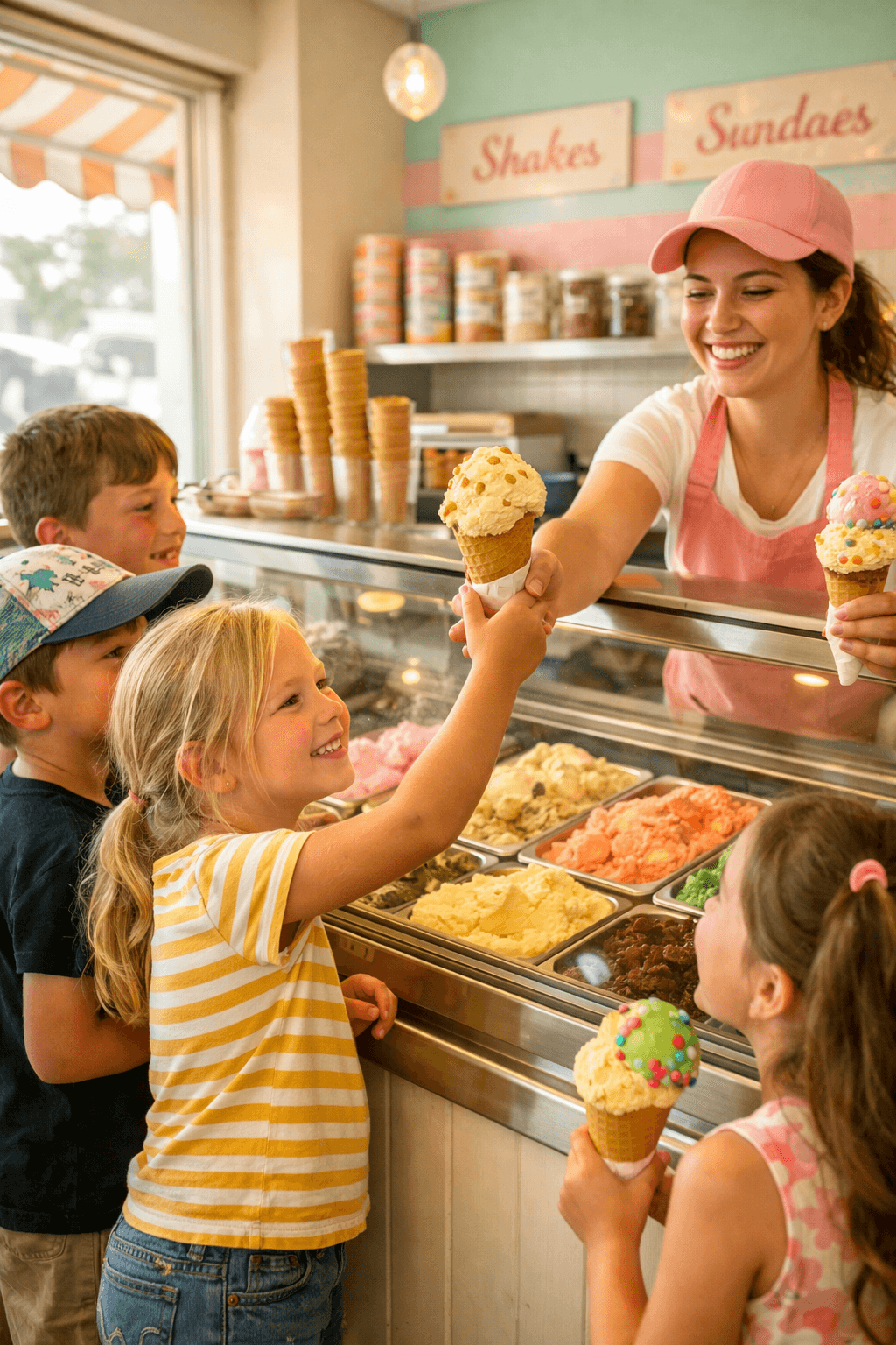 A cheerful New Zealand ice‑cream parlour with pastel colours and a glass counter full of colourful ice‑cream tubs. Several children stand at the counter choosing flavours while a smiling server hands a cone of Hokey Pokey ice cream to a blonde girl. Sunlight streams through the windows, illuminating the kids’ faces and the vibrant scoops, capturing the excitement of a classic Kiwi summer treat. A cheerful New Zealand ice‑cream parlour with pastel colours and a glass counter full of colourful ice‑cream tubs. Several children stand at the counter choosing flavours while a smiling server hands a cone of Hokey Pokey ice cream to a blonde girl. Sunlight streams through the windows, illuminating the kids’ faces and the vibrant scoops, capturing the excitement of a classic Kiwi summer treat.