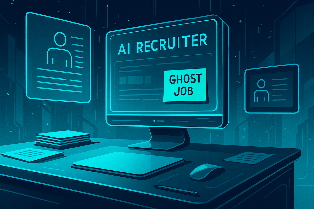 Futuristic recruiter desk with glowing holographic screens labeled “AI RECRUITER” and “GHOST JOB.” No human present. Stacks of untouched résumés sit beside a sleek laptop and pencil. Screens display stylized candidate icons and digital filters. The scene is rendered in cool blue tones with neon teal highlights, evoking an automated hiring environment devoid of human connection. Futuristic recruiter desk with glowing holographic screens labeled “AI RECRUITER” and “GHOST JOB.” No human present. Stacks of untouched résumés sit beside a sleek laptop and pencil. Screens display stylized candidate icons and digital filters. The scene is rendered in cool blue tones with neon teal highlights, evoking an automated hiring environment devoid of human connection.