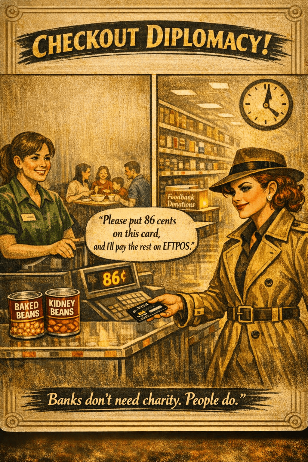 Agent 86 stands at a supermarket checkout, handing over an e-VISA card. A speech bubble reads: “Please put 86 cents on this card, and I’ll pay the rest on EFTPOS.” Two tins of beans sit on the counter. The cashier smiles. Caption: Checkout Diplomacy Agent 86 stands at a supermarket checkout, handing over an e-VISA card. A speech bubble reads: “Please put 86 cents on this card, and I’ll pay the rest on EFTPOS.” Two tins of beans sit on the counter. The cashier smiles. Caption: Checkout Diplomacy