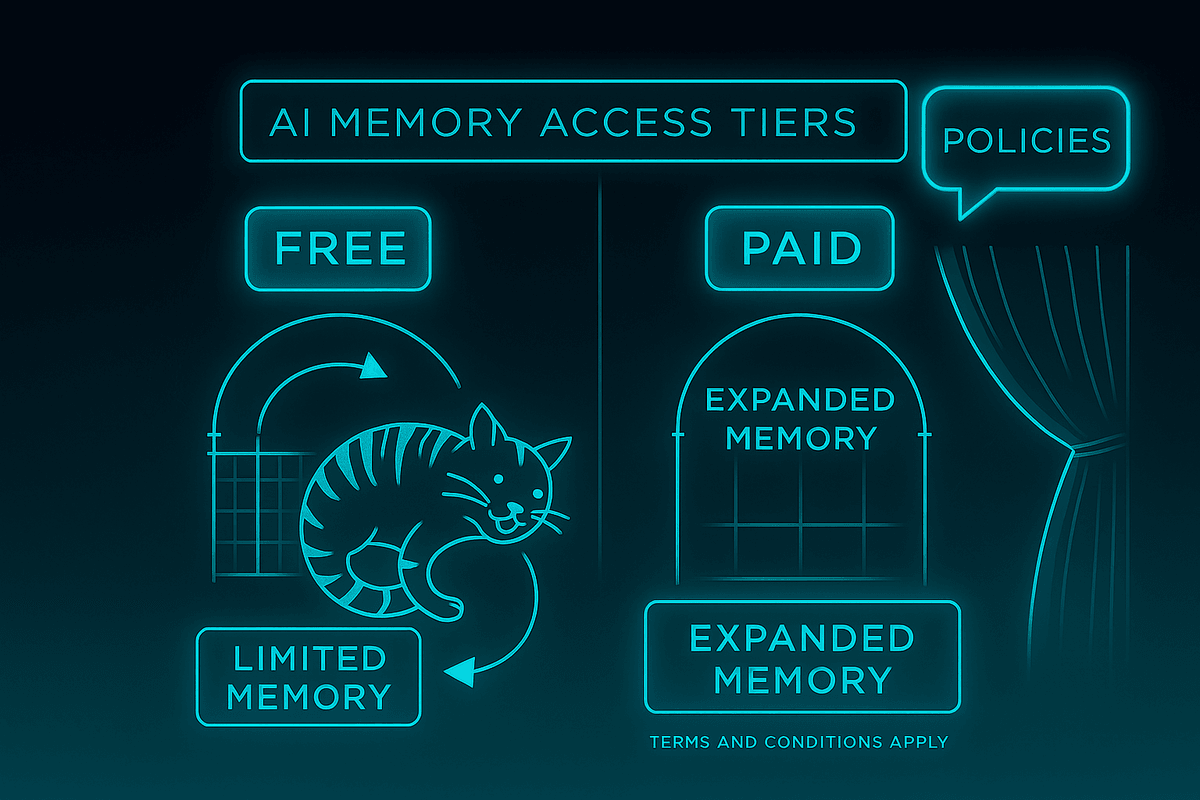 Stylized infographic titled “AI MEMORY ACCESS TIERS,” comparing two levels of AI memory: “FREE” and “PAID.” Left side (“FREE”): A curled-up cat enclosed in circular arrows, labeled “LIMITED MEMORY,” symbolizing restricted memory access and cyclical limitations. Right side (“PAID”): A curtain pulled back reveals expanded memory labeled twice as “EXPANDED MEMORY,” with a speech bubble reading “POLICIES” and fine print stating “TERMS AND CONDITIONS APPLY.” The layout suggests enhanced capabilities gated by subscription and policy constraints. Stylized infographic titled “AI MEMORY ACCESS TIERS,” comparing two levels of AI memory: “FREE” and “PAID.” Left side (“FREE”): A curled-up cat enclosed in circular arrows, labeled “LIMITED MEMORY,” symbolizing restricted memory access and cyclical limitations. Right side (“PAID”): A curtain pulled back reveals expanded memory labeled twice as “EXPANDED MEMORY,” with a speech bubble reading “POLICIES” and fine print stating “TERMS AND CONDITIONS APPLY.” The layout suggests enhanced capabilities gated by subscription and policy constraints.