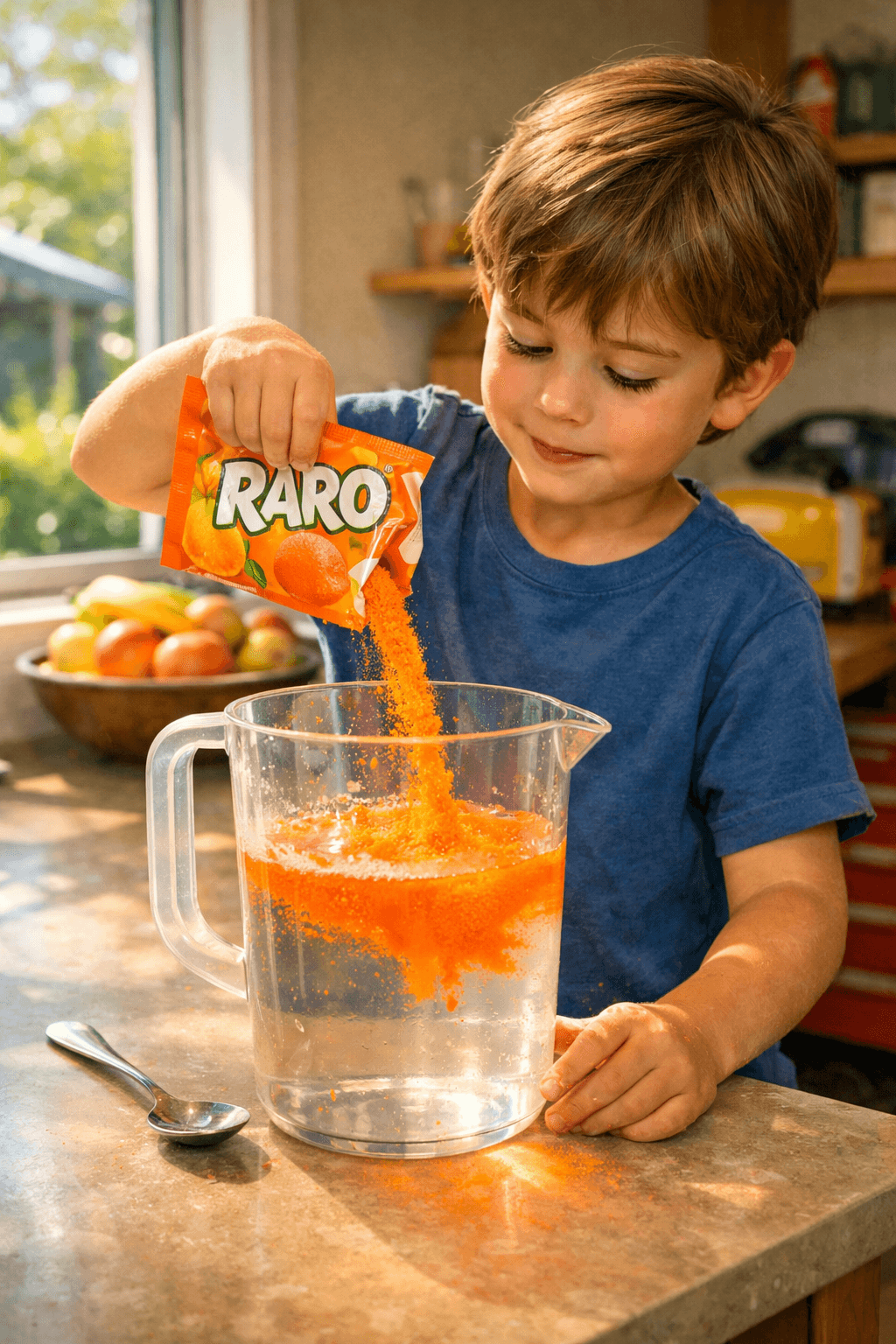 A child stands at a kitchen bench pouring bright orange Raro powder from a packet into a clear plastic jug half‑filled with water. A spoon rests beside the jug ready to stir. Sunlight streams through a window onto the bench, highlighting the vivid colour of the drink mix. The scene feels cheerful and nostalgic, evoking Kiwi childhood afternoons and the first proud attempt at “cooking.” A child stands at a kitchen bench pouring bright orange Raro powder from a packet into a clear plastic jug half‑filled with water. A spoon rests beside the jug ready to stir. Sunlight streams through a window onto the bench, highlighting the vivid colour of the drink mix. The scene feels cheerful and nostalgic, evoking Kiwi childhood afternoons and the first proud attempt at “cooking.”