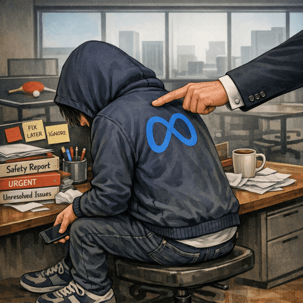 A suited executive’s hand with a silver cufflink taps the shoulder of a slouched tech worker in a blue Meta hoodie. The worker sits at a messy desk covered in “Safety Report” folders and sticky notes reading “FIX LATER” and “IGNORE.” The gesture is firm but restrained, symbolizing accountability. A suited executive’s hand with a silver cufflink taps the shoulder of a slouched tech worker in a blue Meta hoodie. The worker sits at a messy desk covered in “Safety Report” folders and sticky notes reading “FIX LATER” and “IGNORE.” The gesture is firm but restrained, symbolizing accountability.