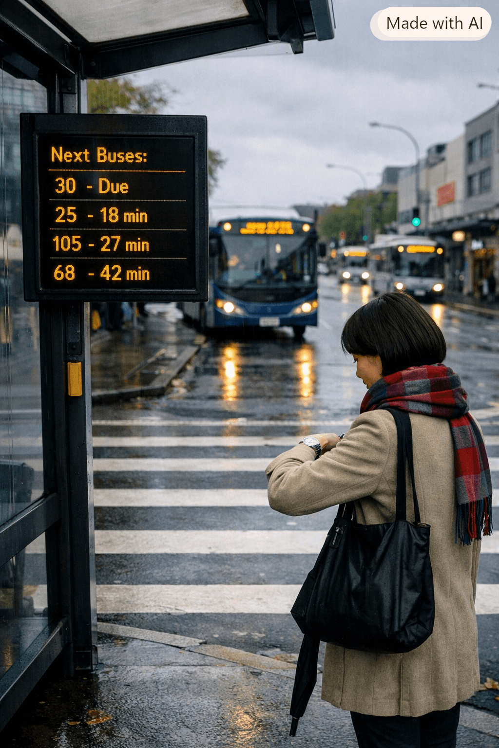 A woman in a beige coat and plaid scarf waits at a bus stop on a wet, overcast day, checking her watch. A digital timetable beside her shows long gaps between buses, and several buses are visible at different distances along the road. The pavement is reflective from recent rain, reinforcing the feeling of slow, unpredictable off‑peak public transport. A woman in a beige coat and plaid scarf waits at a bus stop on a wet, overcast day, checking her watch. A digital timetable beside her shows long gaps between buses, and several buses are visible at different distances along the road. The pavement is reflective from recent rain, reinforcing the feeling of slow, unpredictable off‑peak public transport.