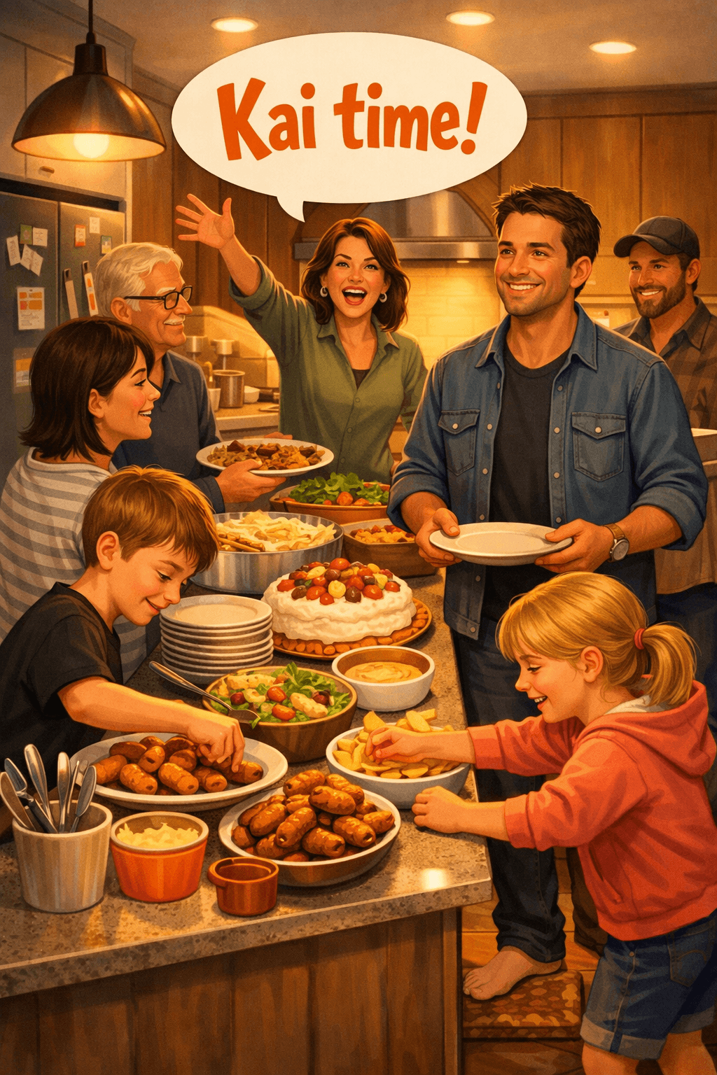Illustration of a lively modern Kiwi kitchen during a gathering. A woman at the back calls out ‘Kai time!’ while kids rush to serve themselves from a buffet laid out on the kitchen island. Adults wait politely with plates, the host stands at the back of the queue, and mismatched plates and cutlery sit stacked at one end. Warm evening lighting fills the modern kitchen, creating a communal, welcoming atmosphere. Illustration of a lively modern Kiwi kitchen during a gathering. A woman at the back calls out ‘Kai time!’ while kids rush to serve themselves from a buffet laid out on the kitchen island. Adults wait politely with plates, the host stands at the back of the queue, and mismatched plates and cutlery sit stacked at one end. Warm evening lighting fills the modern kitchen, creating a communal, welcoming atmosphere.