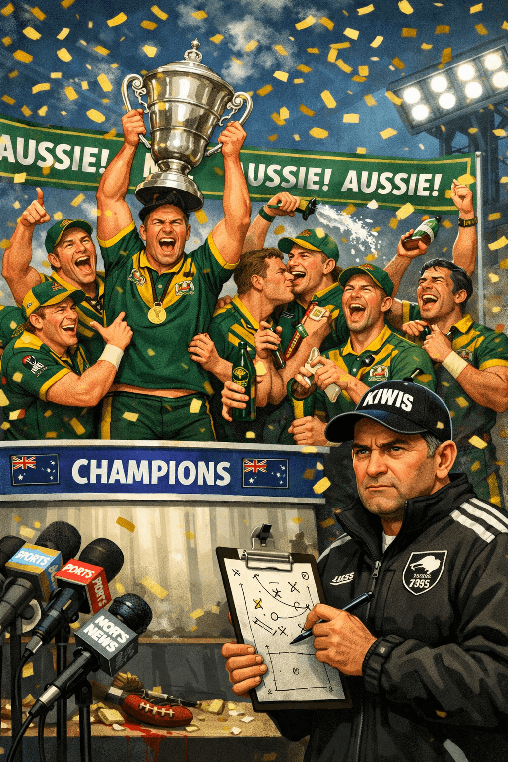 A triumphant, cartoon‑style scene shows the Australian rugby league team celebrating wildly on a press‑conference podium, lifting a huge silver trophy as gold confetti rains down. Players in green‑and‑gold uniforms cheer, spray champagne, flex, and pose for cameras under a large “CHAMPIONS” banner. In the foreground, a serious New Zealand coach in a black Kiwis jacket studies the celebration with a focused expression, holding a clipboard covered in tactical notes and diagrams as he quietly strategises his next move. A triumphant, cartoon‑style scene shows the Australian rugby league team celebrating wildly on a press‑conference podium, lifting a huge silver trophy as gold confetti rains down. Players in green‑and‑gold uniforms cheer, spray champagne, flex, and pose for cameras under a large “CHAMPIONS” banner. In the foreground, a serious New Zealand coach in a black Kiwis jacket studies the celebration with a focused expression, holding a clipboard covered in tactical notes and diagrams as he quietly strategises his next move.