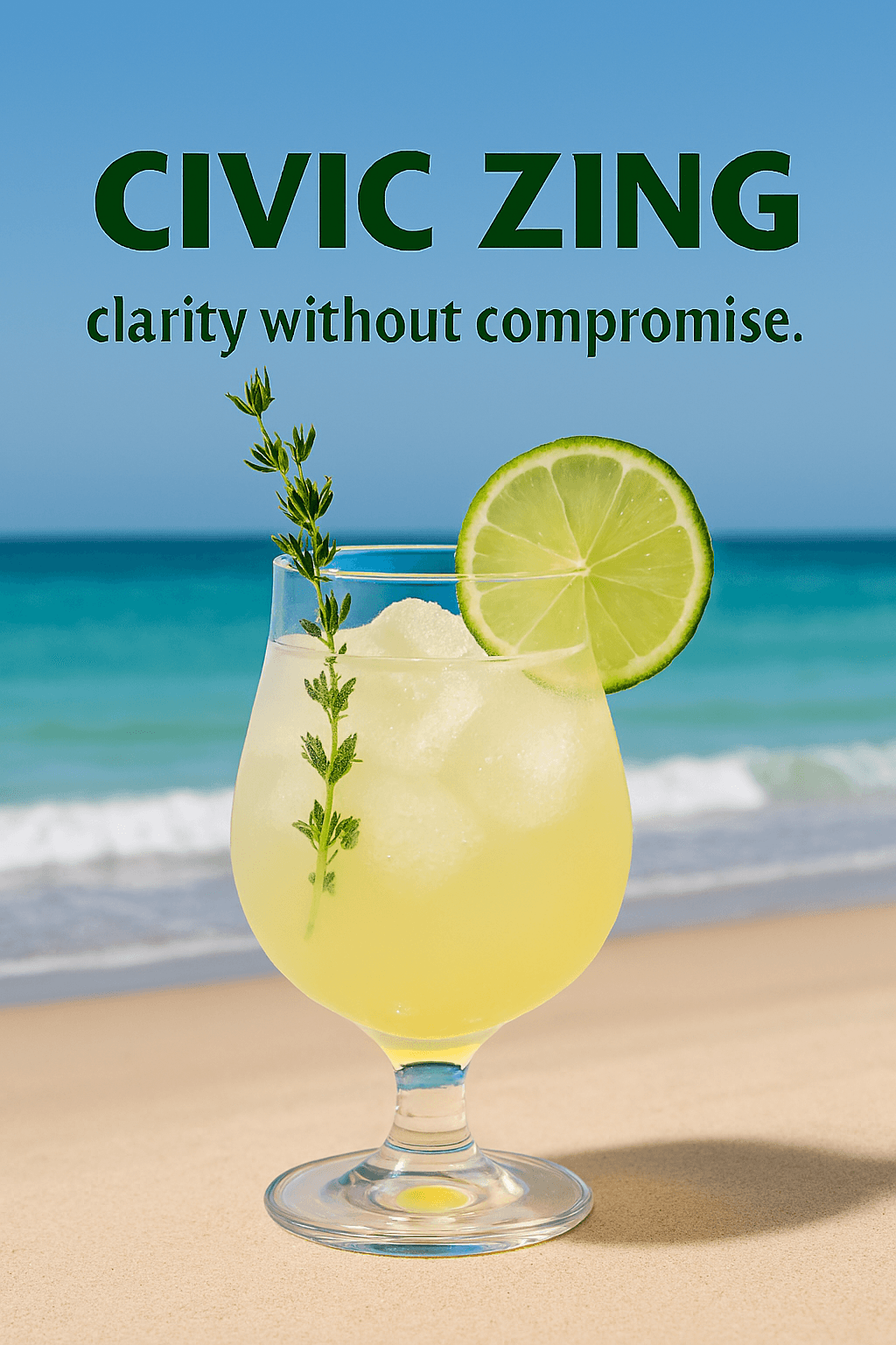 Civic zing text with pale lemonade cocktail, thyme sprig intact, and the whole scene set against a beach backdrop Civic zing text with pale lemonade cocktail, thyme sprig intact, and the whole scene set against a beach backdrop