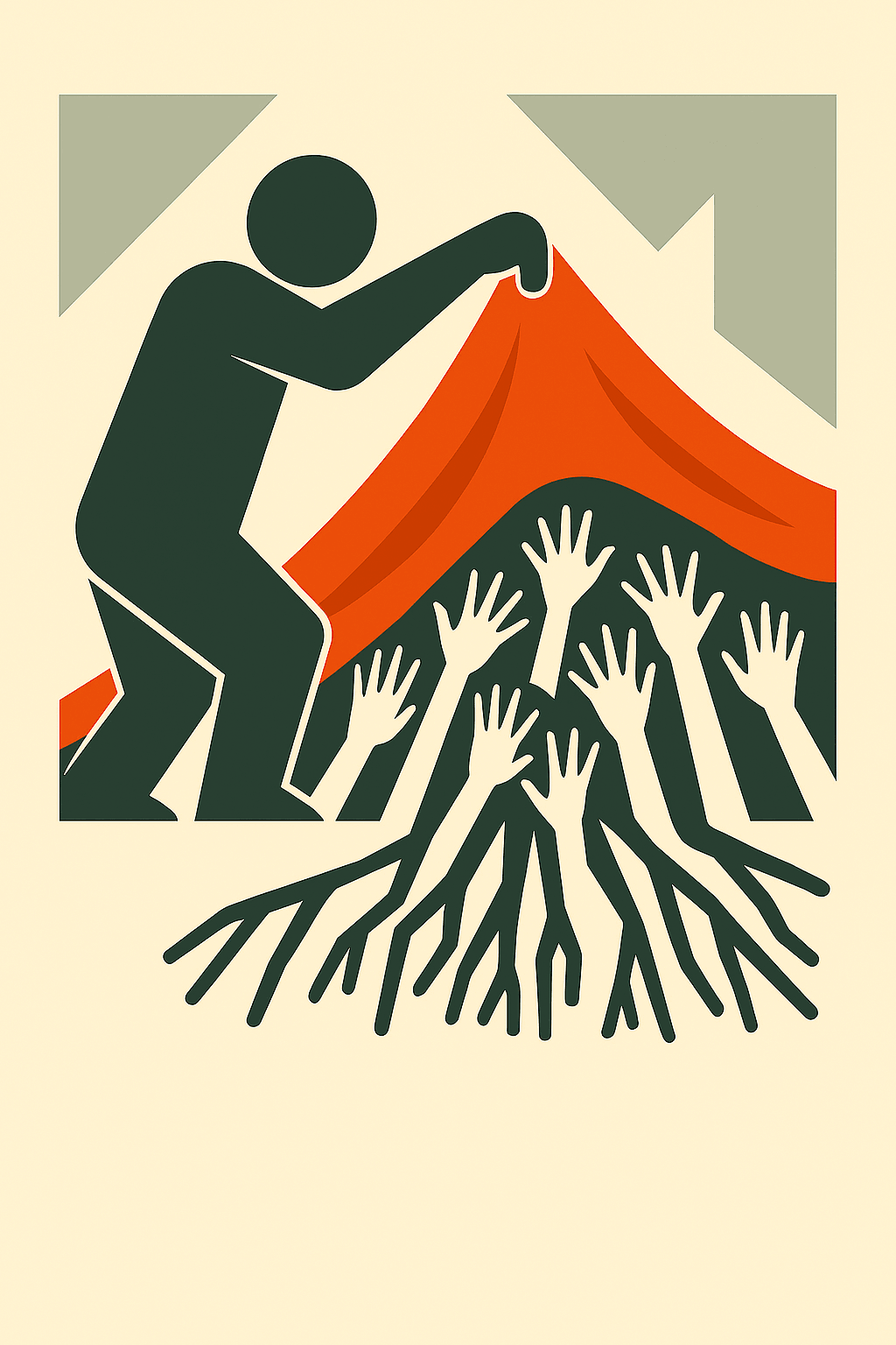 Stylised black‑and‑red illustration of a silhouetted figure lifting a red blanket to reveal a dense tangle of black hands reaching upward. The figure crouches cautiously, gripping the blanket’s edge. The hands beneath are simplified, geometric, and packed tightly, evoking hidden suffering and the discomfort of uncovering what lies beneath. The scene uses flat shapes and stark contrast to highlight bureaucratic neglect and suppressed need. Stylised black‑and‑red illustration of a silhouetted figure lifting a red blanket to reveal a dense tangle of black hands reaching upward. The figure crouches cautiously, gripping the blanket’s edge. The hands beneath are simplified, geometric, and packed tightly, evoking hidden suffering and the discomfort of uncovering what lies beneath. The scene uses flat shapes and stark contrast to highlight bureaucratic neglect and suppressed need.