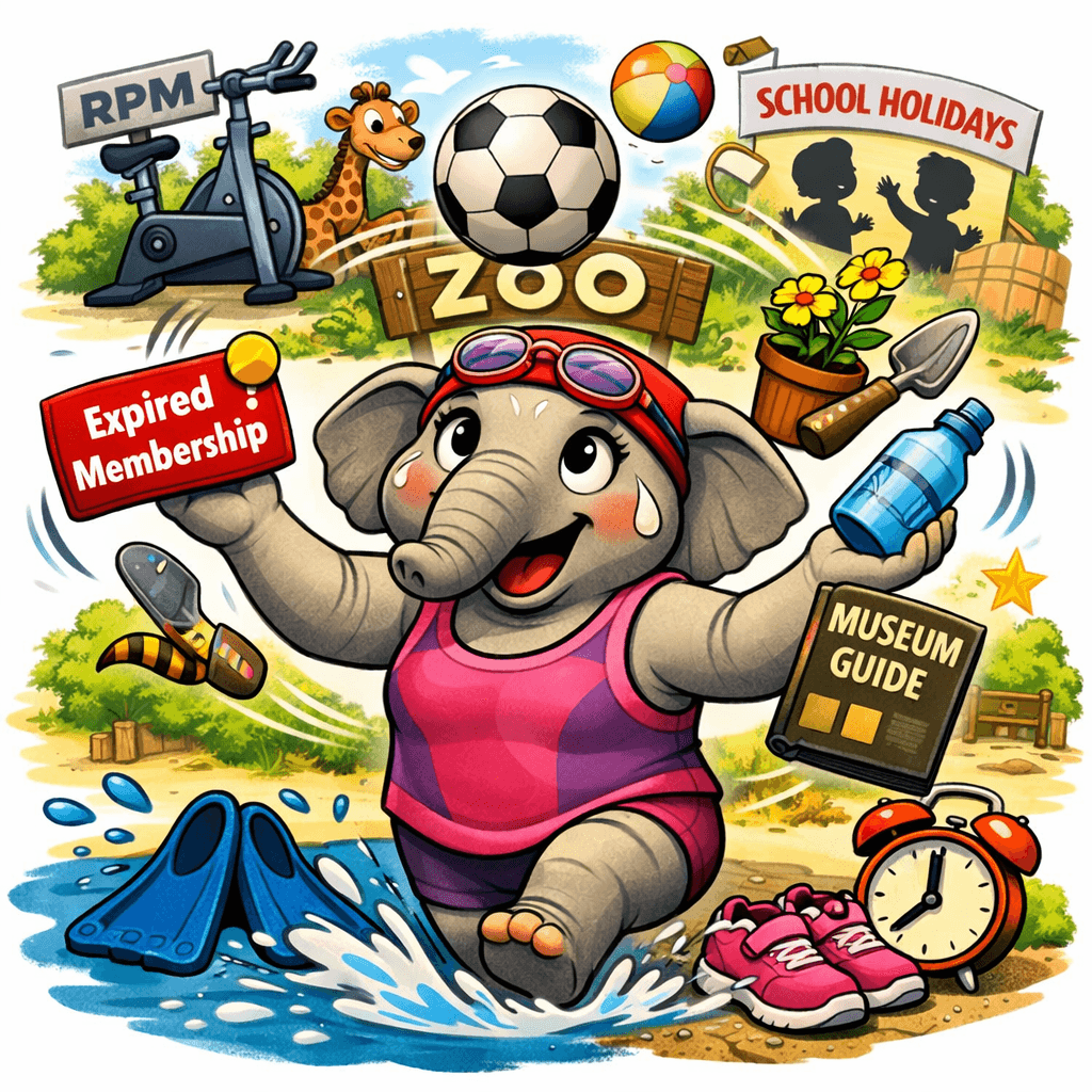A cartoon-style illustration of a female elephant juggling the chaos of July. She wears a pink and purple tank top and a red swim cap with goggles, looking frazzled but determined. Around her float a soccer ball, a red “Expired Membership” card, a museum guidebook, a potted plant with a trowel, and a blue water bottle. Behind her are a zoo entrance with a giraffe and monkey, an RPM bike, and a “School Holidays” banner with children playing. She stands with one foot splashing in water and the other on a path beside swim fins, running shoes, and an alarm clock showing 7:00 — capturing the month’s lively, multitasking chaos. A cartoon-style illustration of a female elephant juggling the chaos of July. She wears a pink and purple tank top and a red swim cap with goggles, looking frazzled but determined. Around her float a soccer ball, a red “Expired Membership” card, a museum guidebook, a potted plant with a trowel, and a blue water bottle. Behind her are a zoo entrance with a giraffe and monkey, an RPM bike, and a “School Holidays” banner with children playing. She stands with one foot splashing in water and the other on a path beside swim fins, running shoes, and an alarm clock showing 7:00 — capturing the month’s lively, multitasking chaos.
