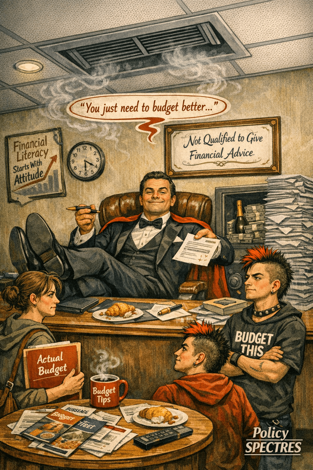 A satricial Cartton shows a smug financial advisor telling 3 people "you just need to budget better" while lounging in a lavish office. Behind him signs say "financial literacy starts with attitude" and "Not Qualified to give financial advice". The visitors hold real bdgets and coffee highlighting the disconnect between flashy advice and lived financial stress. A satricial Cartton shows a smug financial advisor telling 3 people "you just need to budget better" while lounging in a lavish office. Behind him signs say "financial literacy starts with attitude" and "Not Qualified to give financial advice". The visitors hold real bdgets and coffee highlighting the disconnect between flashy advice and lived financial stress.