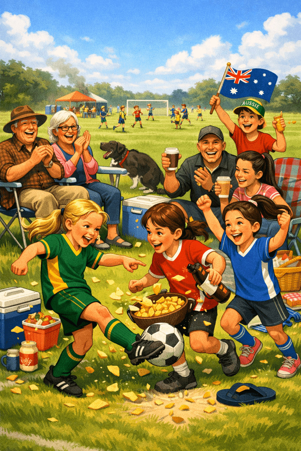 A bright, cartoon‑style scene shows a primary‑school girls’ soccer game on a sunny day, with three young players chasing and kicking the ball on a grassy field. Behind them, a lively “sideline village” of family members watches: grandparents in folding chairs cheering, parents with takeaway coffees, a little boy kicking a ball near a dog sniffing a chilly bin, and a grinning Aussie cousin waving an Australian flag. A toddler eats an ice cream on the grass while a teen scrolls on her phone. A sausage‑sizzle tent smokes in the distance. The atmosphere is warm, colourful, and full of cheerful weekend chaos. A bright, cartoon‑style scene shows a primary‑school girls’ soccer game on a sunny day, with three young players chasing and kicking the ball on a grassy field. Behind them, a lively “sideline village” of family members watches: grandparents in folding chairs cheering, parents with takeaway coffees, a little boy kicking a ball near a dog sniffing a chilly bin, and a grinning Aussie cousin waving an Australian flag. A toddler eats an ice cream on the grass while a teen scrolls on her phone. A sausage‑sizzle tent smokes in the distance. The atmosphere is warm, colourful, and full of cheerful weekend chaos.
