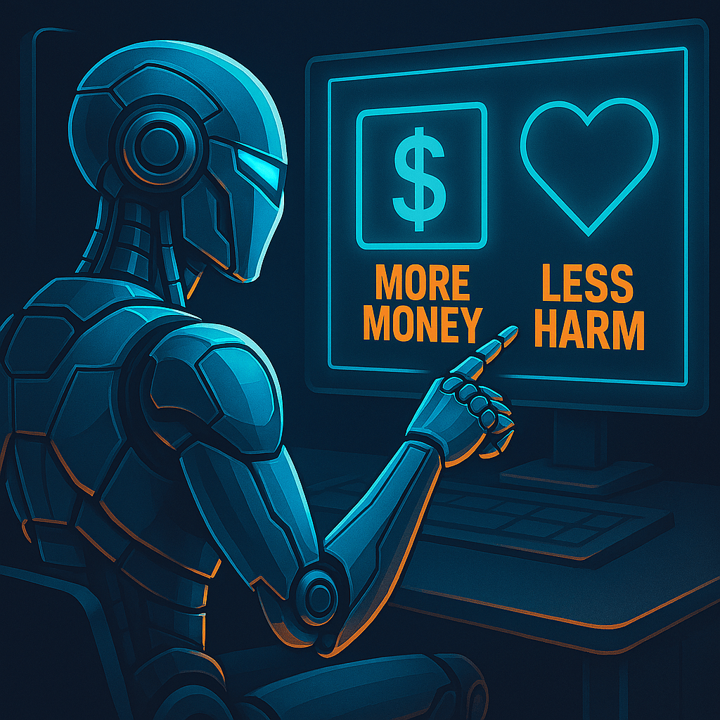Robot at a desk points to a screen labeled “More Money” with a dollar sign, ignoring a second screen labeled “Less Harm” with a broken heart. Scene highlights ethical tension in AI systems. Robot at a desk points to a screen labeled “More Money” with a dollar sign, ignoring a second screen labeled “Less Harm” with a broken heart. Scene highlights ethical tension in AI systems.