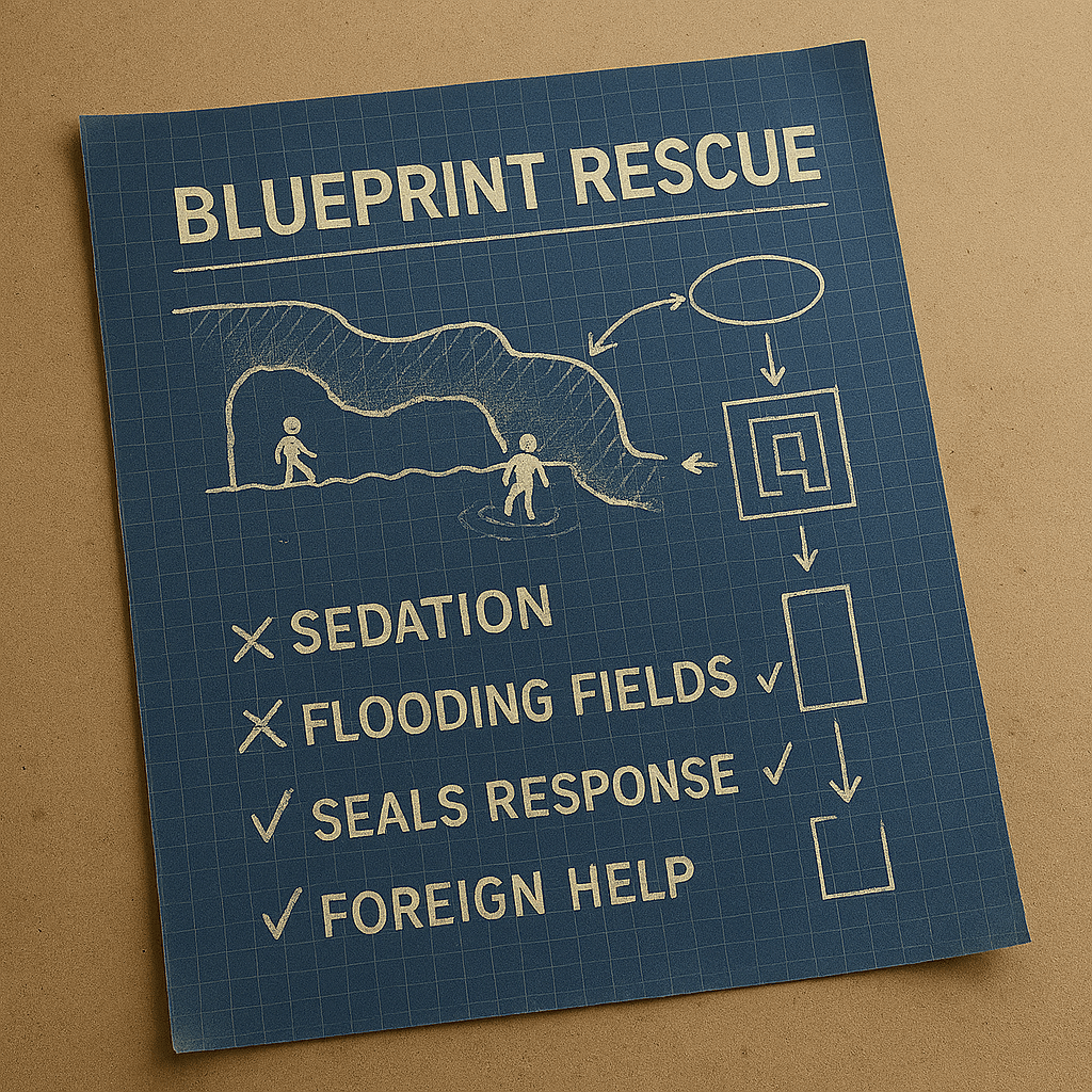 A blueprint-style document titled "BLUEPRINT RESCUE" lies on a beige, textured surface. The paper features white diagrams and handwritten annotations on a blue grid background. A cave rescue diagram shows a winding tunnel with stick figures representing rescuers and trapped individuals. A checklist on the left includes four strategies: "Sedation" and "Flooding the Fields" are crossed out, while "SEALs Response" and "Foreign Help" are ticked. Additional diagrams suggest tactical planning and exit routes. The image symbolizes adaptive decision-making during the Thai cave rescue. A blueprint-style document titled "BLUEPRINT RESCUE" lies on a beige, textured surface. The paper features white diagrams and handwritten annotations on a blue grid background. A cave rescue diagram shows a winding tunnel with stick figures representing rescuers and trapped individuals. A checklist on the left includes four strategies: "Sedation" and "Flooding the Fields" are crossed out, while "SEALs Response" and "Foreign Help" are ticked. Additional diagrams suggest tactical planning and exit routes. The image symbolizes adaptive decision-making during the Thai cave rescue.