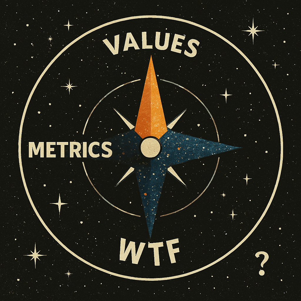 A cosmic compass with four labeled directions: VALUES, METRICS, VIBES, and WTF, set against a starry black background with a galaxy-patterned needle. A cosmic compass with four labeled directions: VALUES, METRICS, VIBES, and WTF, set against a starry black background with a galaxy-patterned needle.