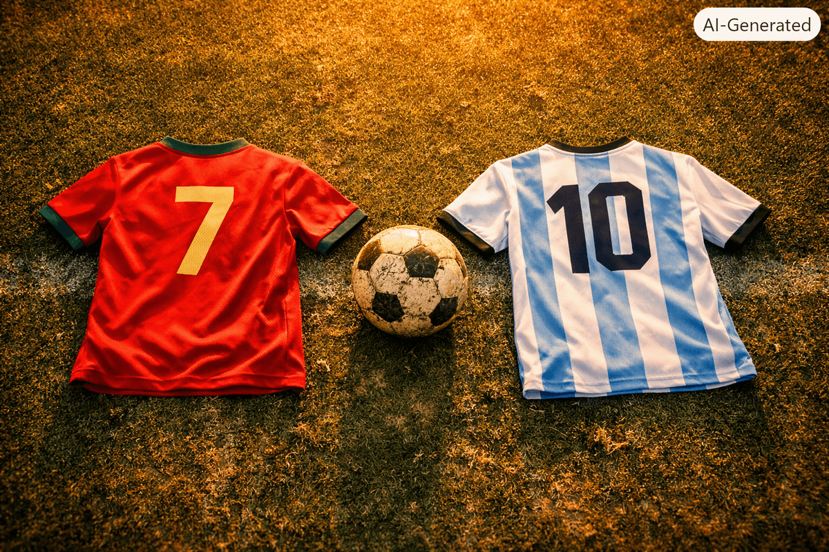 Aerial view of two soccer jerseys lying on a worn grass field at sunset, a weathered soccer ball placed between them. The red jersey with a green collar and yellow number 7 rests on the left, while the light blue and white striped jersey with black number 10 lies on the right. Warm golden light casts long shadows across the field, evoking a sense of calm after the match. Aerial view of two soccer jerseys lying on a worn grass field at sunset, a weathered soccer ball placed between them. The red jersey with a green collar and yellow number 7 rests on the left, while the light blue and white striped jersey with black number 10 lies on the right. Warm golden light casts long shadows across the field, evoking a sense of calm after the match.