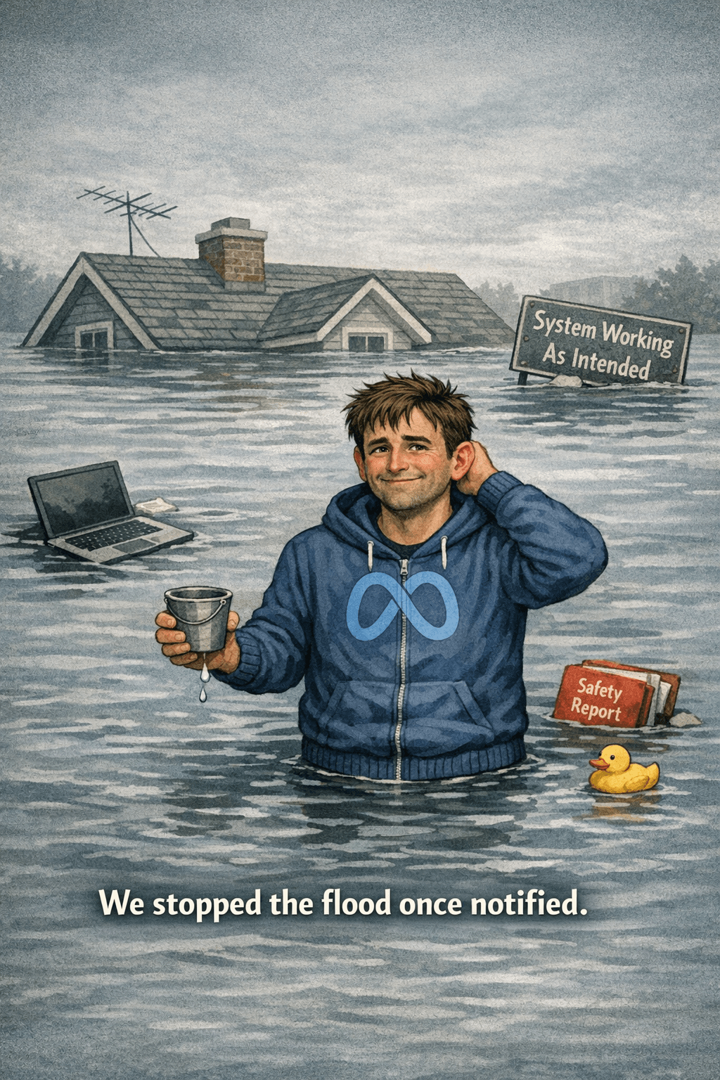 A Meta employee stands waist‑deep in floodwater, smiling proudly while holding a tiny bucket. Behind him, a house is almost completely submerged, with a sign reading “System Working As Intended.” Floating nearby are a laptop, a red “Safety Report” binder, and a rubber duck. Caption reads “We stopped the flood once notified.” A Meta employee stands waist‑deep in floodwater, smiling proudly while holding a tiny bucket. Behind him, a house is almost completely submerged, with a sign reading “System Working As Intended.” Floating nearby are a laptop, a red “Safety Report” binder, and a rubber duck. Caption reads “We stopped the flood once notified.”