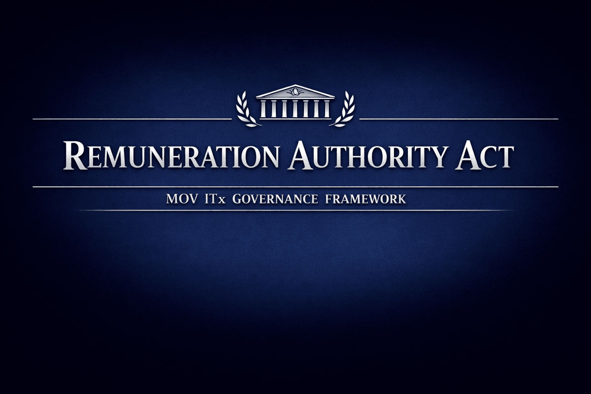 Remuneration Authority Act header: Navy blue banner with silver serif title “Remuneration Authority Act,” classical building emblem, and MOV ITx Governance Framework subtitle. Remuneration Authority Act header: Navy blue banner with silver serif title “Remuneration Authority Act,” classical building emblem, and MOV ITx Governance Framework subtitle.