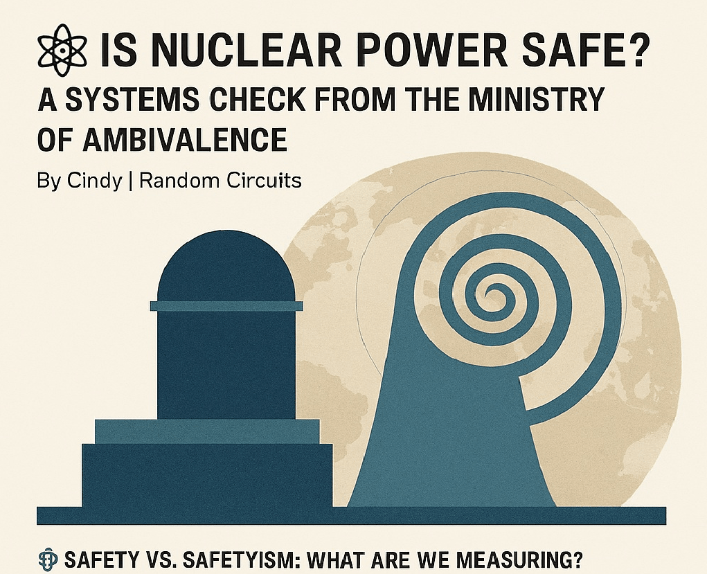 Graphic titled “Is Nuclear Power Safe? A Systems Check from the Ministry of Ambivalence” by Cindy, Random Circuits. Subtitle reads “Safety vs. Safetyism: What Are We Measuring?” Includes illustration of a nuclear plant and spiral motif suggesting systemic complexity. Graphic titled “Is Nuclear Power Safe? A Systems Check from the Ministry of Ambivalence” by Cindy, Random Circuits. Subtitle reads “Safety vs. Safetyism: What Are We Measuring?” Includes illustration of a nuclear plant and spiral motif suggesting systemic complexity.