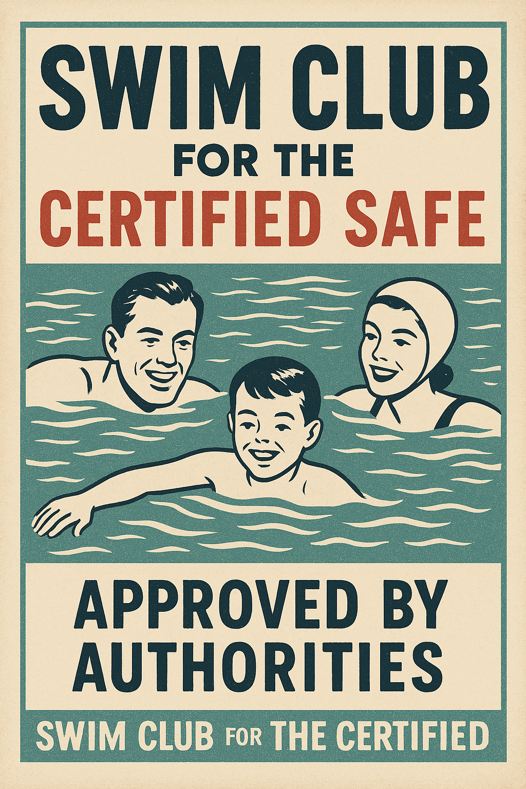 Poster reads “Swim Club for the Certified Safe — Approved by Authorities.” Three swimmers float in stylized water, evoking themes of sanctioned safety and performative legitimacy. Poster reads “Swim Club for the Certified Safe — Approved by Authorities.” Three swimmers float in stylized water, evoking themes of sanctioned safety and performative legitimacy.