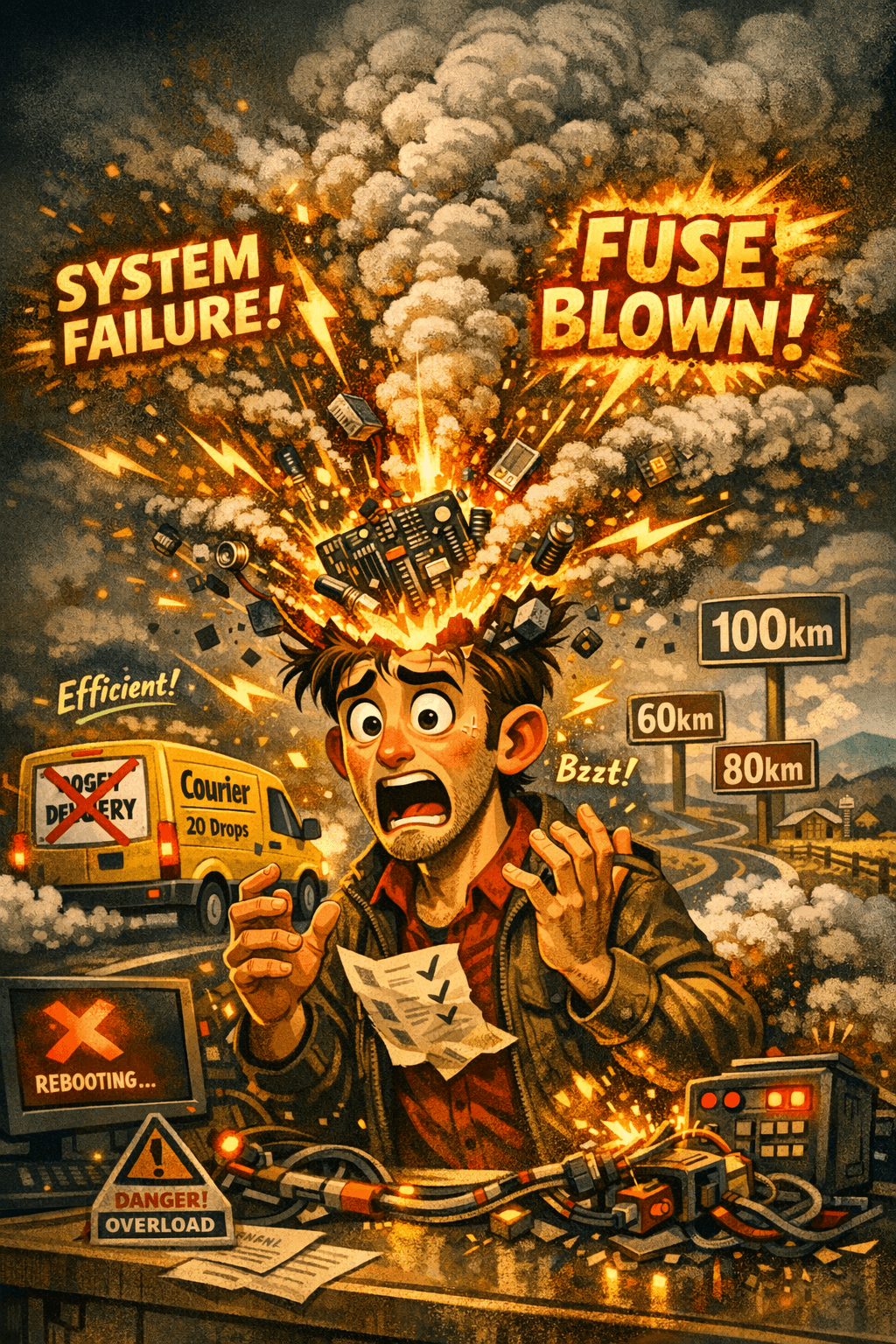 A cartoon man reels back in panic as his head explodes like a volcano, with flames, sparks, and circuit debris flying out. Text reads “SYSTEM FAILURE!” and “FUSE BLOWN!” in fiery letters. A monitor flashes “REBOOTING…” and a warning sign says “DANGER! OVERLOAD.” The background is filled with smoke and chaos as the system melts down. A cartoon man reels back in panic as his head explodes like a volcano, with flames, sparks, and circuit debris flying out. Text reads “SYSTEM FAILURE!” and “FUSE BLOWN!” in fiery letters. A monitor flashes “REBOOTING…” and a warning sign says “DANGER! OVERLOAD.” The background is filled with smoke and chaos as the system melts down.
