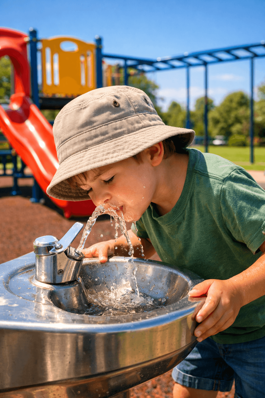A young child wearing a sunhat leans forward to drink from a stainless‑steel water fountain at a playground. The fountain sits beside bright play equipment, with sunlight reflecting off the metal as water arcs upward. The child grips the edge of the fountain with one hand while standing on soft‑fall ground, surrounded by grass and a clear blue sky. A young child wearing a sunhat leans forward to drink from a stainless‑steel water fountain at a playground. The fountain sits beside bright play equipment, with sunlight reflecting off the metal as water arcs upward. The child grips the edge of the fountain with one hand while standing on soft‑fall ground, surrounded by grass and a clear blue sky.