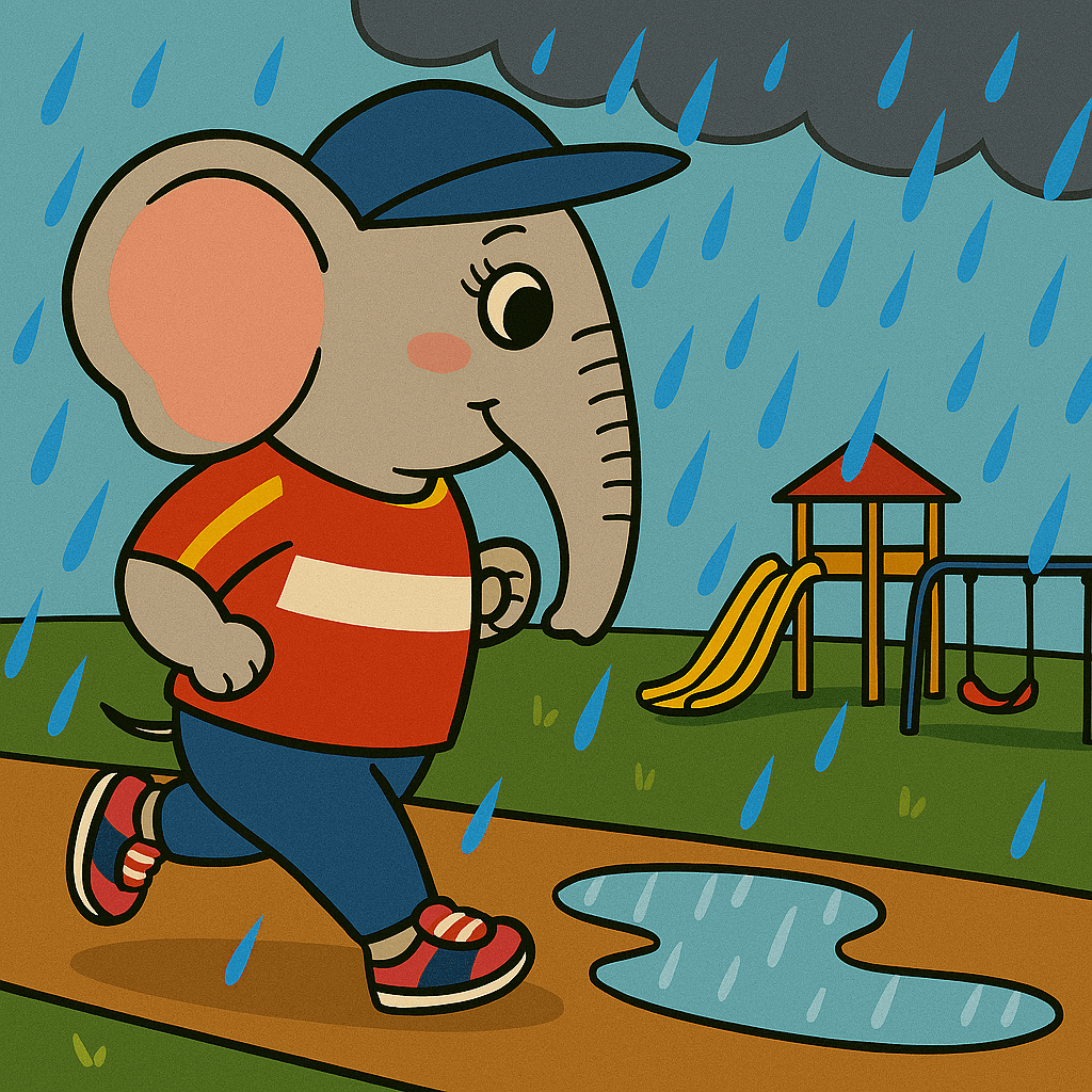 A cartoon-style illustration of a feminine elephant jogging in the rain along a footpath near the beach. She wears a red and yellow running top, blue pants, pink-accented sneakers, and a navy blue cap. Her expression is cheerful and focused as she carefully runs around a large puddle. Behind her, waves roll onto a sandy beach under a gray, rainy sky with diagonal blue raindrops falling. The scene captures determination and progress despite wet conditions. A cartoon-style illustration of a feminine elephant jogging in the rain along a footpath near the beach. She wears a red and yellow running top, blue pants, pink-accented sneakers, and a navy blue cap. Her expression is cheerful and focused as she carefully runs around a large puddle. Behind her, waves roll onto a sandy beach under a gray, rainy sky with diagonal blue raindrops falling. The scene captures determination and progress despite wet conditions.