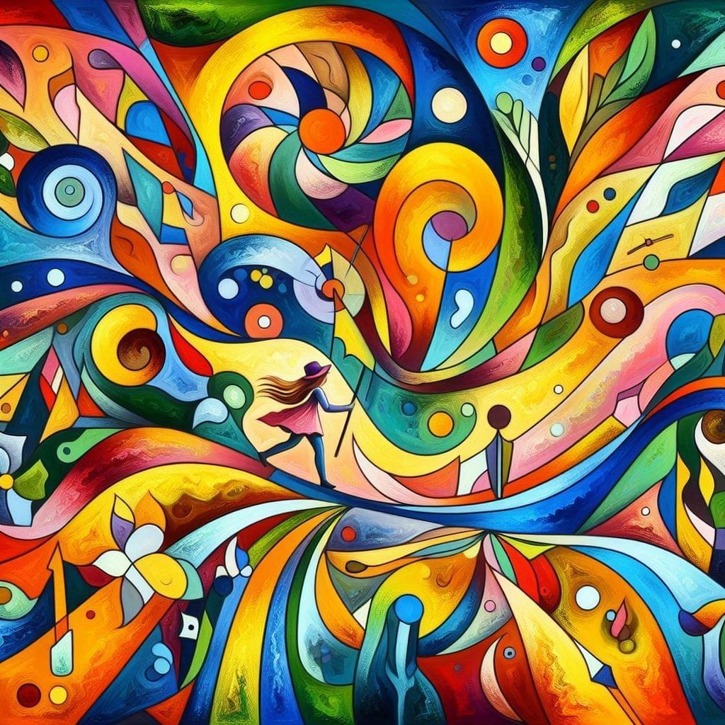 Vibrant abstract painting featuring a central dancer in a red dress surrounded by swirling patterns, geometric shapes, and botanical motifs in bold colours. The composition includes spirals, arrows, flowers, and leaves in blues, yellows, reds, and greens, evoking movement, celebration, and diverse journeys. No single element dominates, symbolising coexistence, emotional grit, and shared direction. Vibrant abstract painting featuring a central dancer in a red dress surrounded by swirling patterns, geometric shapes, and botanical motifs in bold colours. The composition includes spirals, arrows, flowers, and leaves in blues, yellows, reds, and greens, evoking movement, celebration, and diverse journeys. No single element dominates, symbolising coexistence, emotional grit, and shared direction.