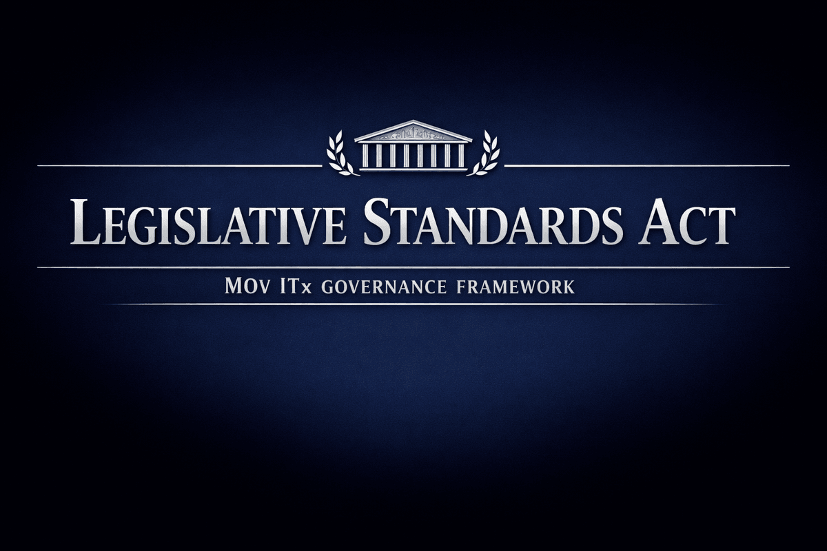 Legislative Standards Act header: Navy blue banner with silver serif title “Legislative Standards Act,” classical building emblem, and MOV ITx Governance Framework subtitle. Legislative Standards Act header: Navy blue banner with silver serif title “Legislative Standards Act,” classical building emblem, and MOV ITx Governance Framework subtitle.