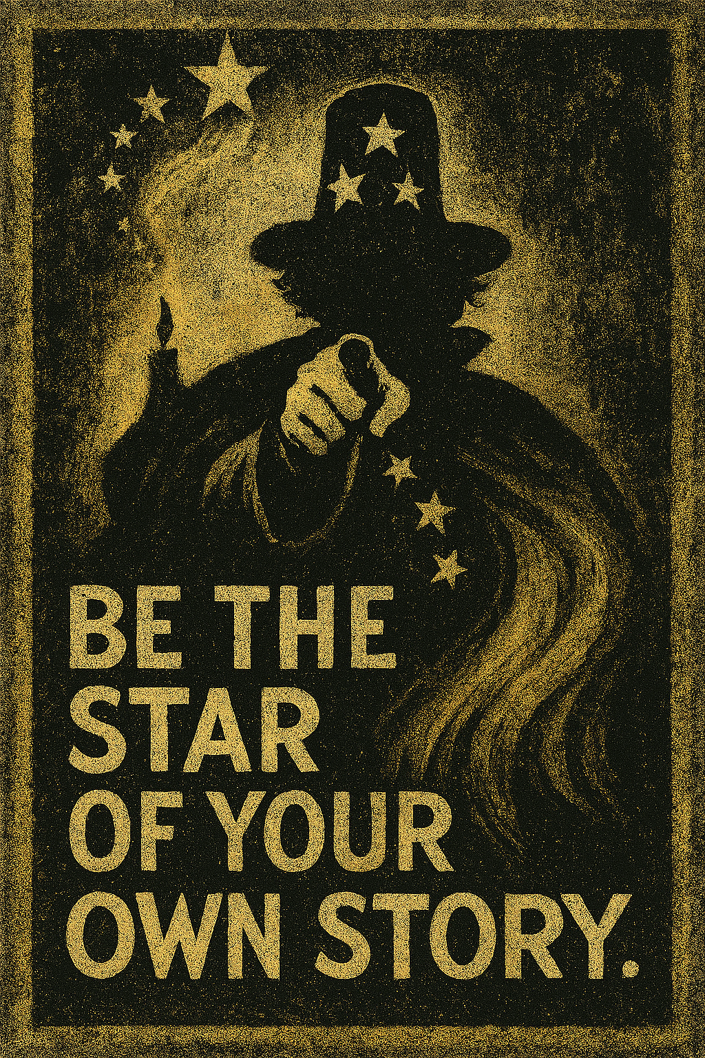 Vintage-style poster in black and gold. A silhouetted magician points directly at the viewer, wearing a wide-brimmed hat adorned with glowing stars. His cloak swirls dramatically, trailing golden stars across the image. The background is textured and aged, with a candle flame glowing near his shoulder. Bold cream-colored text at the bottom reads: “BE THE STAR OF YOUR OWN STORY.” The image evokes legacy, invitation, and quiet power. Vintage-style poster in black and gold. A silhouetted magician points directly at the viewer, wearing a wide-brimmed hat adorned with glowing stars. His cloak swirls dramatically, trailing golden stars across the image. The background is textured and aged, with a candle flame glowing near his shoulder. Bold cream-colored text at the bottom reads: “BE THE STAR OF YOUR OWN STORY.” The image evokes legacy, invitation, and quiet power.