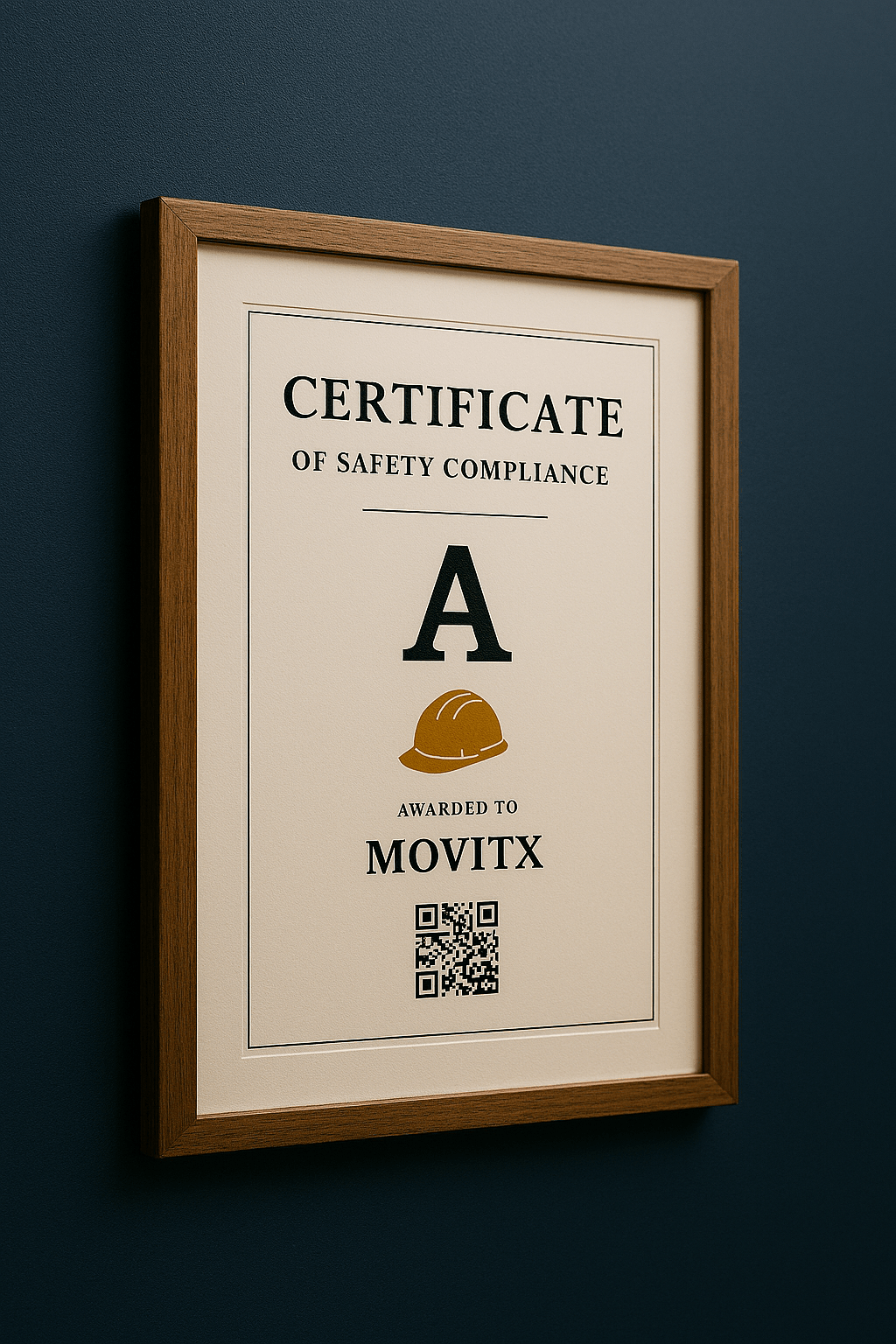 A framed certificate of safety compliance with an “A” rating hangs on a navy blue office wall. The certificate features a gold hard hat icon and a QR code, and is awarded to the company MOVITX. Encased in a light wooden frame with a white mat border, the certificate is printed on off-white paper with classic black serif text. Soft lighting casts gentle shadows, and the minimalist setting evokes professionalism, transparency, and pride in workplace safety. A framed certificate of safety compliance with an “A” rating hangs on a navy blue office wall. The certificate features a gold hard hat icon and a QR code, and is awarded to the company MOVITX. Encased in a light wooden frame with a white mat border, the certificate is printed on off-white paper with classic black serif text. Soft lighting casts gentle shadows, and the minimalist setting evokes professionalism, transparency, and pride in workplace safety.