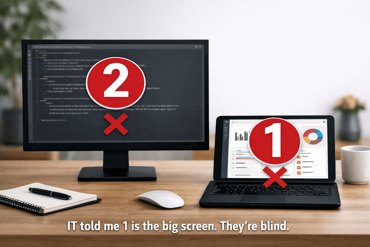 A desk setup shows a large computer monitor on the left and a smaller tablet with a keyboard on the right. Both screens are labeled incorrectly — the big monitor has a red circle with the number “2,” and the smaller tablet has a red circle with the number “1.” A caption below reads, “IT told me 1 is the big screen. They’re blind.” The scene includes a mouse, notepad, pen, and coffee mug on a light wooden desk A desk setup shows a large computer monitor on the left and a smaller tablet with a keyboard on the right. Both screens are labeled incorrectly — the big monitor has a red circle with the number “2,” and the smaller tablet has a red circle with the number “1.” A caption below reads, “IT told me 1 is the big screen. They’re blind.” The scene includes a mouse, notepad, pen, and coffee mug on a light wooden desk