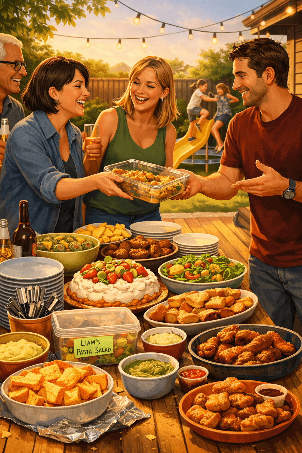 Illustration of a lively Kiwi backyard pot‑luck on a wooden deck in warm afternoon sunlight. A table is crowded with mismatched dishes — pavlova, sausage rolls, garlic bread, chips and dip, salad bowls, and a labelled Tupperware container. Adults laugh and chat while one offers a half‑empty dish to another. In the background, kids play on a slide and trampoline, adding cheerful chaos. The scene is colourful, communal, and full of relaxed Kiwi energy. Illustration of a lively Kiwi backyard pot‑luck on a wooden deck in warm afternoon sunlight. A table is crowded with mismatched dishes — pavlova, sausage rolls, garlic bread, chips and dip, salad bowls, and a labelled Tupperware container. Adults laugh and chat while one offers a half‑empty dish to another. In the background, kids play on a slide and trampoline, adding cheerful chaos. The scene is colourful, communal, and full of relaxed Kiwi energy.