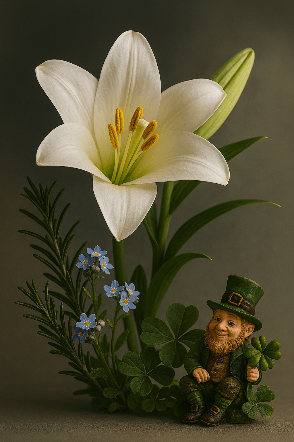 A dignified floral tribute featuring a white Easter lily in full bloom, symbolizing remembrance, surrounded by sprigs of rosemary and clusters of blue forget-me-not flowers. A small, realistic leprechaun figurine sits among green clover leaves, honoring Irish heritage. The leprechaun wears a green top hat and jacket, with a gentle smile and reddish-brown beard. The background is softly blurred in muted gray-green tones, creating a calm and respectful atmosphere suitable for a statesman’s memorial. A dignified floral tribute featuring a white Easter lily in full bloom, symbolizing remembrance, surrounded by sprigs of rosemary and clusters of blue forget-me-not flowers. A small, realistic leprechaun figurine sits among green clover leaves, honoring Irish heritage. The leprechaun wears a green top hat and jacket, with a gentle smile and reddish-brown beard. The background is softly blurred in muted gray-green tones, creating a calm and respectful atmosphere suitable for a statesman’s memorial.