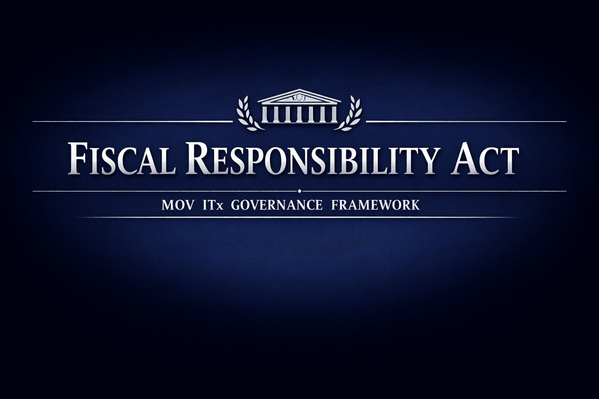 Fiscal Responsibility Act header: Navy blue banner with silver serif title “Fiscal Responsibility Act,” classical building emblem, and MOV ITx Governance Framework subtitle. Fiscal Responsibility Act header: Navy blue banner with silver serif title “Fiscal Responsibility Act,” classical building emblem, and MOV ITx Governance Framework subtitle.