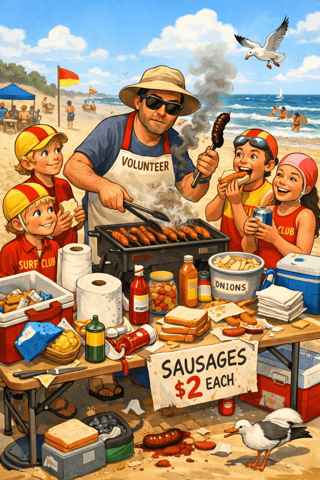 A bright, cartoon‑style beach scene shows a frazzled dad in a “VOLUNTEER” apron running a chaotic sausage‑sizzle table surrounded by surf‑club kids in yellow and red uniforms. He flips sausages on a smoky grill while holding a burnt one, and the table overflows with bread, sauce bottles, onions, and a “SAUSAGES $2 EACH” sign. Kids laugh, eat, and spill sauce as a seagull eyes a fallen sausage nearby. The ocean, surf flags, and summer crowd fill the sunny background, capturing the cheerful disorder of a Kiwi weekend fundraiser. A bright, cartoon‑style beach scene shows a frazzled dad in a “VOLUNTEER” apron running a chaotic sausage‑sizzle table surrounded by surf‑club kids in yellow and red uniforms. He flips sausages on a smoky grill while holding a burnt one, and the table overflows with bread, sauce bottles, onions, and a “SAUSAGES $2 EACH” sign. Kids laugh, eat, and spill sauce as a seagull eyes a fallen sausage nearby. The ocean, surf flags, and summer crowd fill the sunny background, capturing the cheerful disorder of a Kiwi weekend fundraiser.