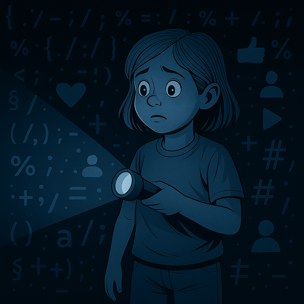 A child stands inside a digital cave, holding a flashlight. Around them float seemingly harmless symbolsâthumbs up, share icons, emojisâbathed in soft, inviting light. The cave walls are textured with faint lines of code, suggesting an algorithmic landscape. The childâs expression is curious, yet alert. A child stands inside a digital cave, holding a flashlight. Around them float seemingly harmless symbolsâthumbs up, share icons, emojisâbathed in soft, inviting light. The cave walls are textured with faint lines of code, suggesting an algorithmic landscape. The childâs expression is curious, yet alert.