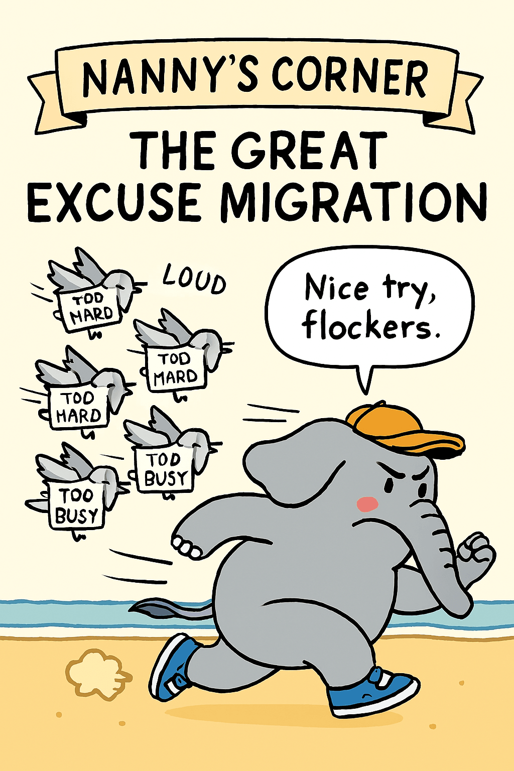 An elephant charges through a flock of excuse birds labeled ‘Too tired’, ‘Too late’, ‘Too hard’. Speech bubble reads ‘Nice try, flockers.’ Motif: resistance meets trauma-informed momentum. An elephant charges through a flock of excuse birds labeled ‘Too tired’, ‘Too late’, ‘Too hard’. Speech bubble reads ‘Nice try, flockers.’ Motif: resistance meets trauma-informed momentum.