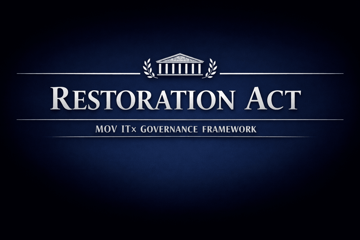 Restoration Act header: Navy blue banner with silver serif title “Restoration Act,” classical building emblem, and MOV ITx Governance Framework subtitle. Restoration Act header: Navy blue banner with silver serif title “Restoration Act,” classical building emblem, and MOV ITx Governance Framework subtitle.