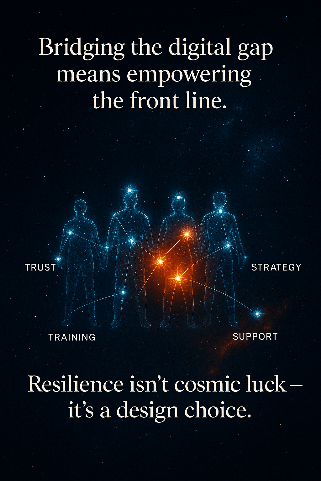 A glowing cosmic chain arcs across space. One link labeled “Front Line” pulses with light, supported by smaller threads labeled “Local Knowledge,” “Trust,” and “Adaptation.” Nebulae swirl in the background, suggesting movement and possibility. A glowing cosmic chain arcs across space. One link labeled “Front Line” pulses with light, supported by smaller threads labeled “Local Knowledge,” “Trust,” and “Adaptation.” Nebulae swirl in the background, suggesting movement and possibility.