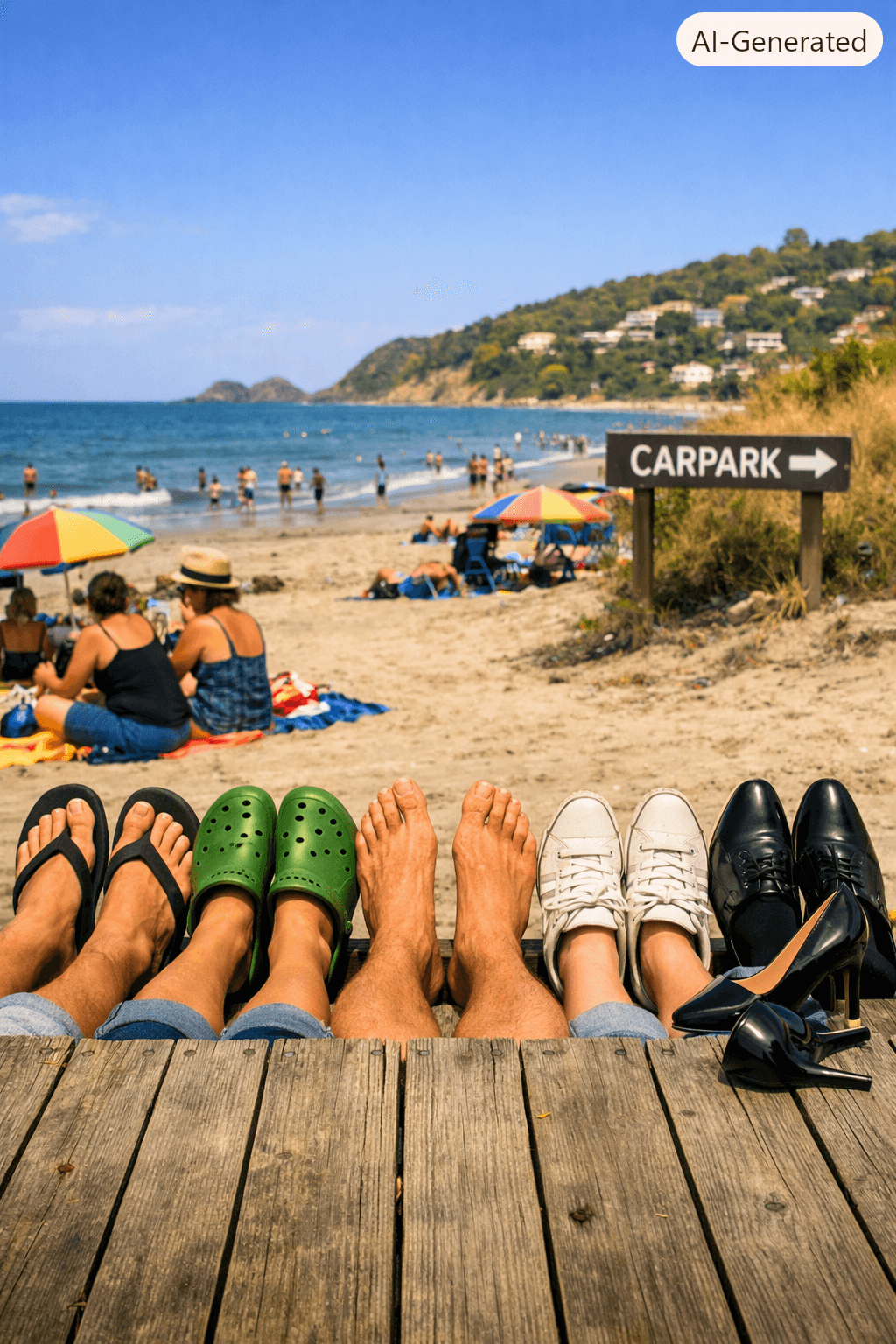 Feet lined up on a wooden deck overlooking a sunny New Zealand beach. The footwear includes black jandals, green Crocs, bare feet, white sneakers, and polished black dress shoes. Beside them, a pair of black stilettos sits casually on the deck — one upright, one tipped over — adding a humorous contrast to the relaxed Kiwi summer scene. Feet lined up on a wooden deck overlooking a sunny New Zealand beach. The footwear includes black jandals, green Crocs, bare feet, white sneakers, and polished black dress shoes. Beside them, a pair of black stilettos sits casually on the deck — one upright, one tipped over — adding a humorous contrast to the relaxed Kiwi summer scene.