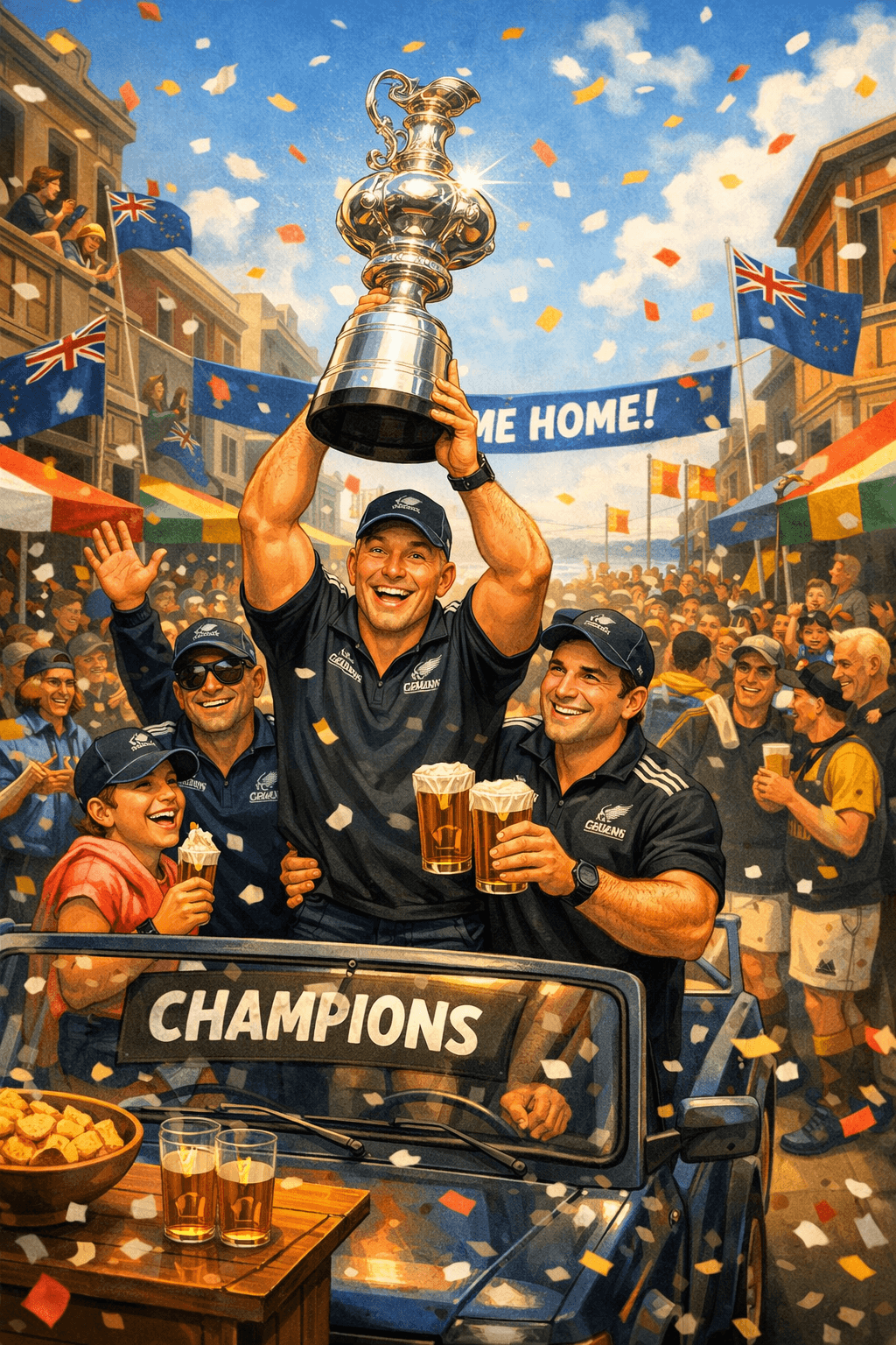 A bright, cartoon‑style victory parade moves down a city’s main street as a sailing team in navy uniforms rides on an open‑top vehicle. One sailor stands at the centre, lifting a large silver sailing trophy high above his head while teammates cheer and wave. Confetti fills the air and crowds line both sides of the road waving New Zealand flags, taking photos, and cheering. A “WELCOME HOME!” banner hangs between buildings draped with flags, and people lean out of windows to watch. A marching band plays in the distance as sunlight glints off the trophy, creating a triumphant, celebratory atmosphere. A bright, cartoon‑style victory parade moves down a city’s main street as a sailing team in navy uniforms rides on an open‑top vehicle. One sailor stands at the centre, lifting a large silver sailing trophy high above his head while teammates cheer and wave. Confetti fills the air and crowds line both sides of the road waving New Zealand flags, taking photos, and cheering. A “WELCOME HOME!” banner hangs between buildings draped with flags, and people lean out of windows to watch. A marching band plays in the distance as sunlight glints off the trophy, creating a triumphant, celebratory atmosphere.