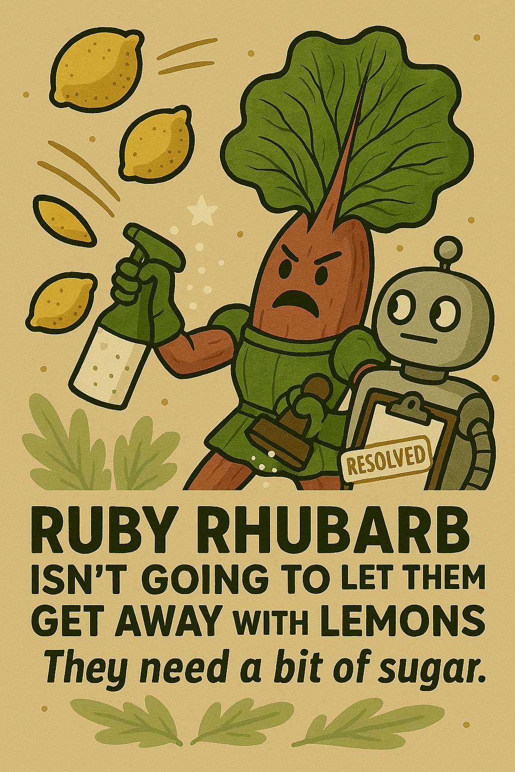Cartoon illustration of Ruby Rhubarb with muscular arms, angrily holding a spray bottle and sugar cubes. A robot stands nearby with a “RESOLVED” clipboard. Three lemons fly through the air, seemingly repelled. Background includes leafy greens and a textured beige backdrop. Text reads: “RUBY RHUBARB ISN’T GOING TO LET THEM GET AWAY WITH LEMONS. They need a bit of sugar.” The image threads assertive sweetness into sour systems, advocating for recalibration with backbone and care. Cartoon illustration of Ruby Rhubarb with muscular arms, angrily holding a spray bottle and sugar cubes. A robot stands nearby with a “RESOLVED” clipboard. Three lemons fly through the air, seemingly repelled. Background includes leafy greens and a textured beige backdrop. Text reads: “RUBY RHUBARB ISN’T GOING TO LET THEM GET AWAY WITH LEMONS. They need a bit of sugar.” The image threads assertive sweetness into sour systems, advocating for recalibration with backbone and care.