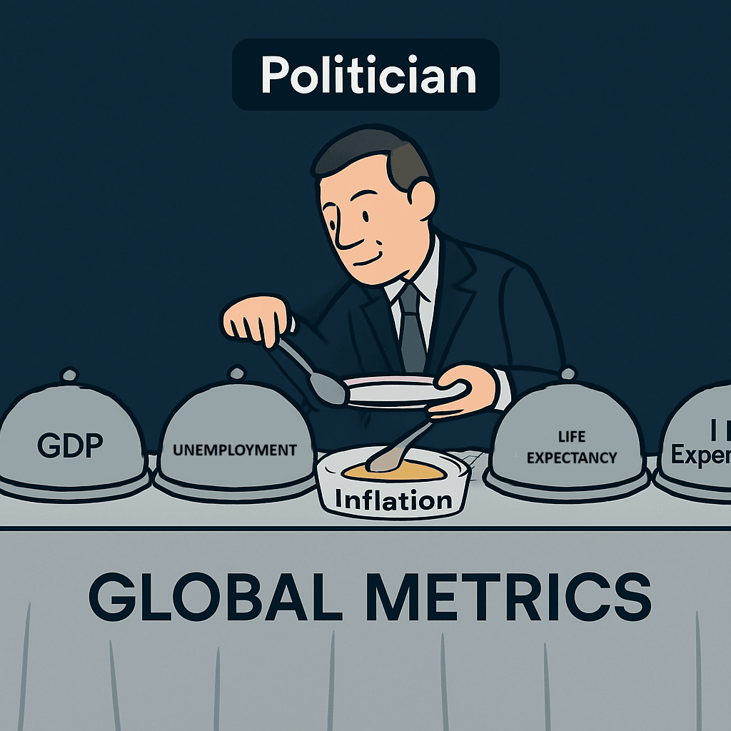 A cartoon-style illustration shows a politician at a buffet table labeled “Global Metrics,” selecting only the “Inflation” dish while ignoring others like “GDP,” “Unemployment,” and “Life Expectancy.” The tablecloth reads “GLOBAL METRICS” in bold letters. The image satirizes how politicians cherry-pick international data to support their narratives. A cartoon-style illustration shows a politician at a buffet table labeled “Global Metrics,” selecting only the “Inflation” dish while ignoring others like “GDP,” “Unemployment,” and “Life Expectancy.” The tablecloth reads “GLOBAL METRICS” in bold letters. The image satirizes how politicians cherry-pick international data to support their narratives.