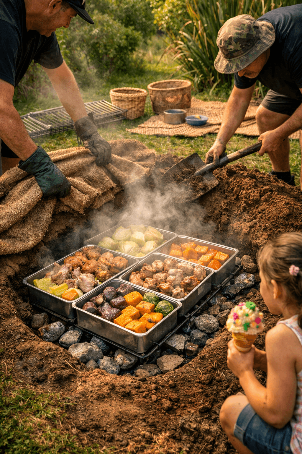 A group of people gather outdoors around a hāngī pit lined with heated stones. Steam rises as trays of food — chicken, pork, lamb, kūmara, pumpkin, and cabbage — are lowered into the pit. One person adjusts the covering cloth while another shovels soil to seal the pit. The surrounding grass and native trees glow in the afternoon light, capturing the ritual and togetherness of kai cooked in the earth. A group of people gather outdoors around a hāngī pit lined with heated stones. Steam rises as trays of food — chicken, pork, lamb, kūmara, pumpkin, and cabbage — are lowered into the pit. One person adjusts the covering cloth while another shovels soil to seal the pit. The surrounding grass and native trees glow in the afternoon light, capturing the ritual and togetherness of kai cooked in the earth.