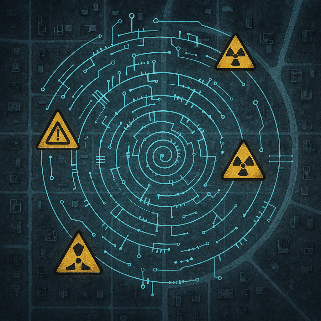 Spiral blueprint overlaid on a ghost town grid; grief lines trace evacuation routes while hazard icons flicker like false beacons. A visual reckoning with safety myths and the cost of silence. Spiral blueprint overlaid on a ghost town grid; grief lines trace evacuation routes while hazard icons flicker like false beacons. A visual reckoning with safety myths and the cost of silence.