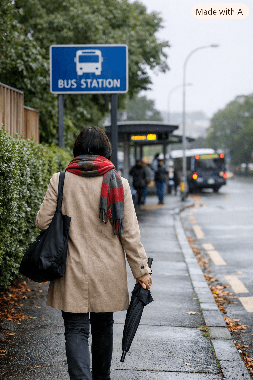 A person walks along a damp suburban sidewalk toward a bus station on an overcast morning. They wear a beige coat and a red‑and‑gray plaid scarf, carrying a folded black umbrella and a shoulder bag. Fallen leaves line the path bordered by hedges and trees, and a blue “Bus Station” sign is visible in the distance under cloudy skies. A person walks along a damp suburban sidewalk toward a bus station on an overcast morning. They wear a beige coat and a red‑and‑gray plaid scarf, carrying a folded black umbrella and a shoulder bag. Fallen leaves line the path bordered by hedges and trees, and a blue “Bus Station” sign is visible in the distance under cloudy skies.