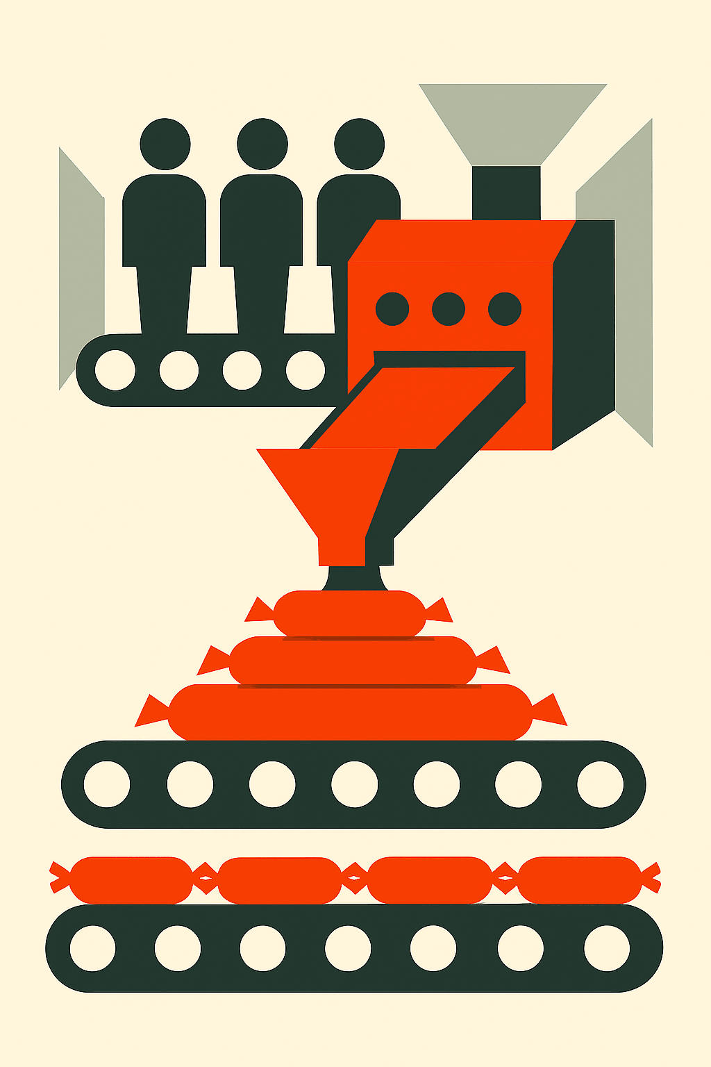 Stylised black‑and‑red illustration of a bureaucratic assembly line. Simplified human figures enter a red machine and emerge as identical red sausages stamped “EFFECTIVE.” The scene uses flat geometric shapes and stark contrast to evoke the logic of uniform processing, loss of individuality, and mechanical treatment of human needs. Stylised black‑and‑red illustration of a bureaucratic assembly line. Simplified human figures enter a red machine and emerge as identical red sausages stamped “EFFECTIVE.” The scene uses flat geometric shapes and stark contrast to evoke the logic of uniform processing, loss of individuality, and mechanical treatment of human needs.